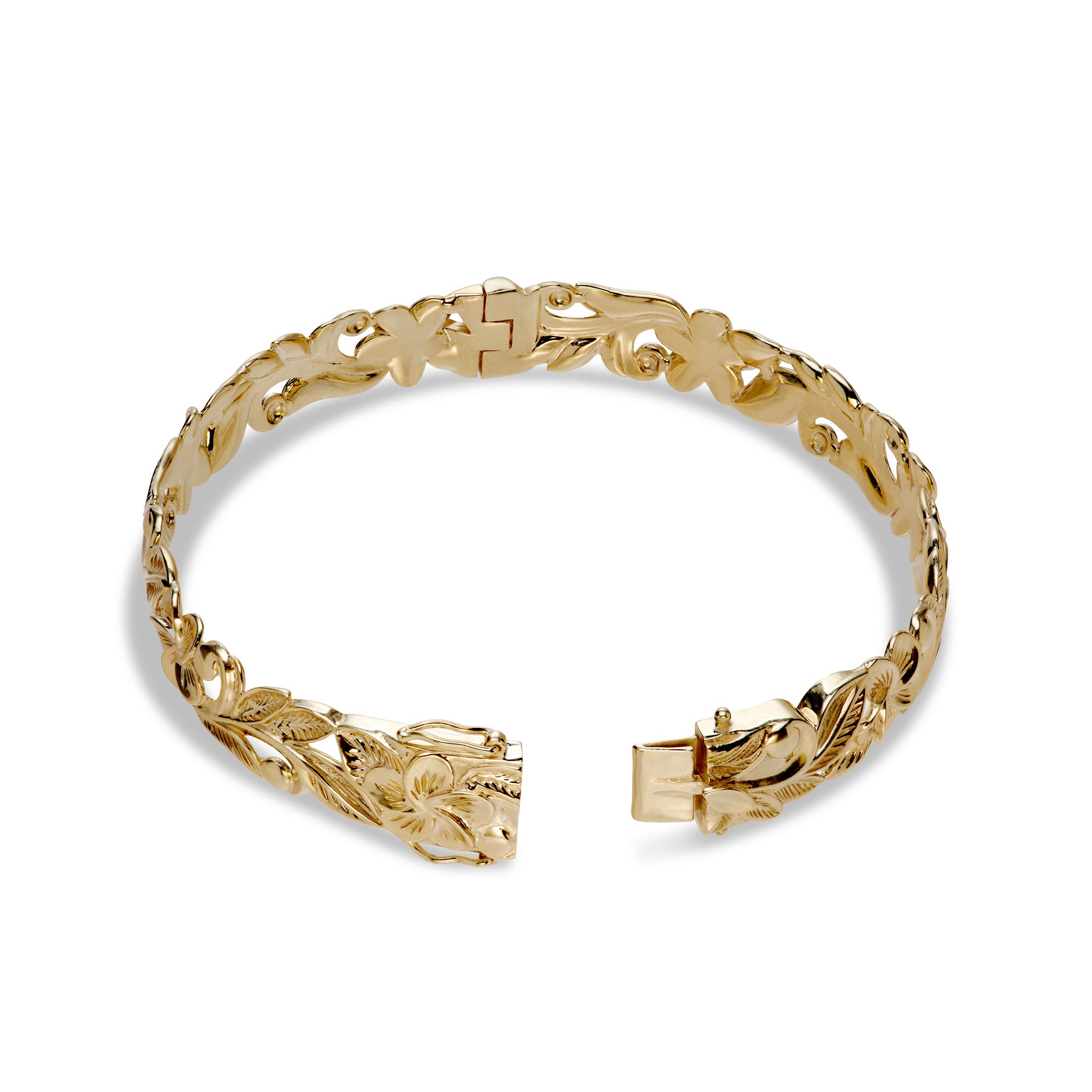 Hawaiian Heirloom Plumeria Hinge Bracelet in Gold - 10mm