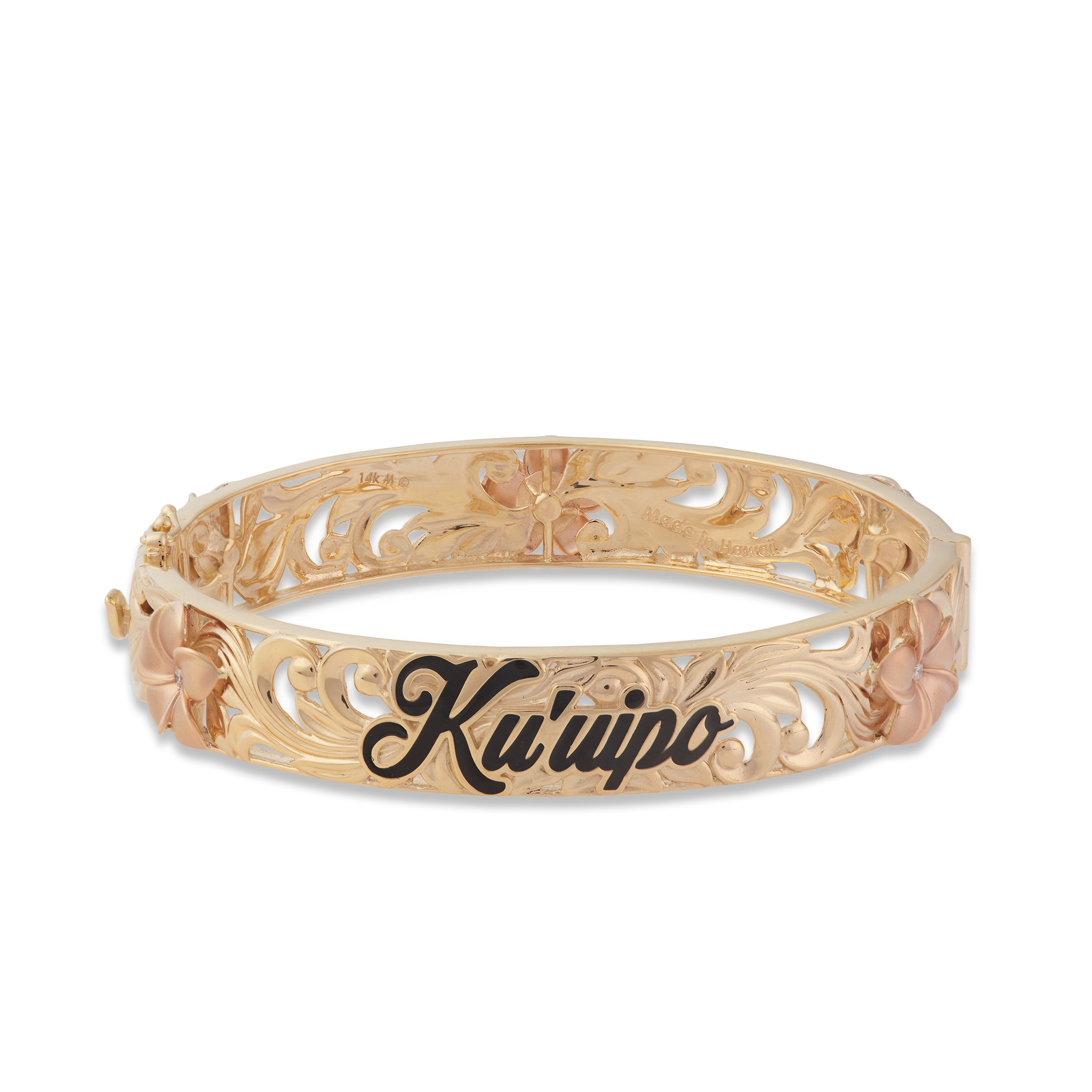 Hawaiian Heirloom Kuʻuipo Plumeria Hinge Bracelet in Tri Color Gold with Diamonds - 12mm