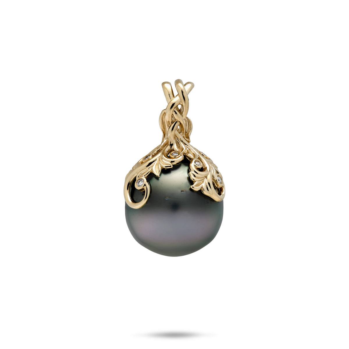 10-12mm Living Heirloom Tahitian Black Pearl Pendant with ornate gold design in 14k yellow Gold of winding maile leaves and hapuʻu ferns, diamond detail; placed on a white background