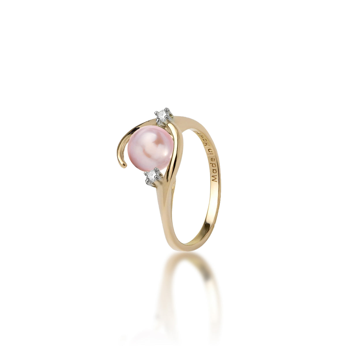 A 14k yellow gold ring with a high-polish finish featuring a round lavender freshwater pearl accented by two small diamonds, shown on a clean white background with a soft reflection.