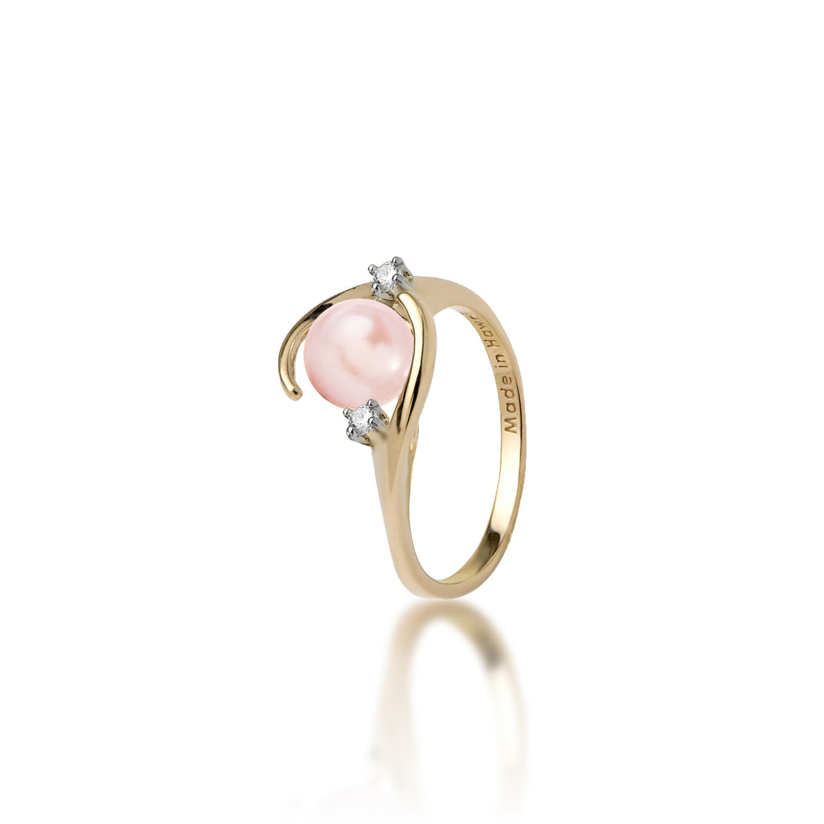 A 14k yellow gold ring with a high-polish finish featuring a round pink freshwater pearl accented by two small diamonds, shown on a clean white background with a soft reflection.
