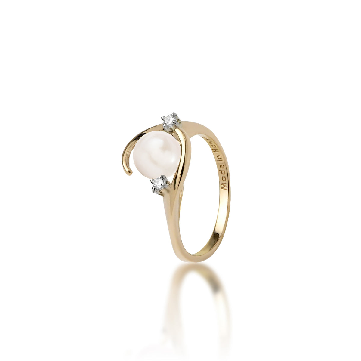 A 14k yellow gold ring with a high-polish finish featuring a round white freshwater pearl accented by two small diamonds, shown on a clean white background with a soft reflection.