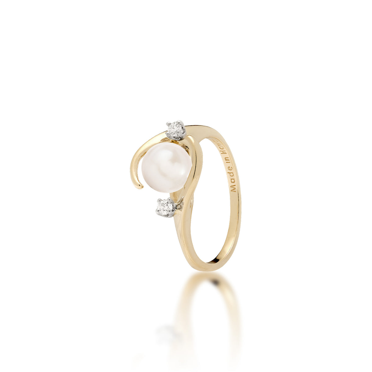 A 14k yellow gold ring with a high-polish finish featuring a round white freshwater pearl accented by two small diamonds, shown on a clean white background with a soft reflection.