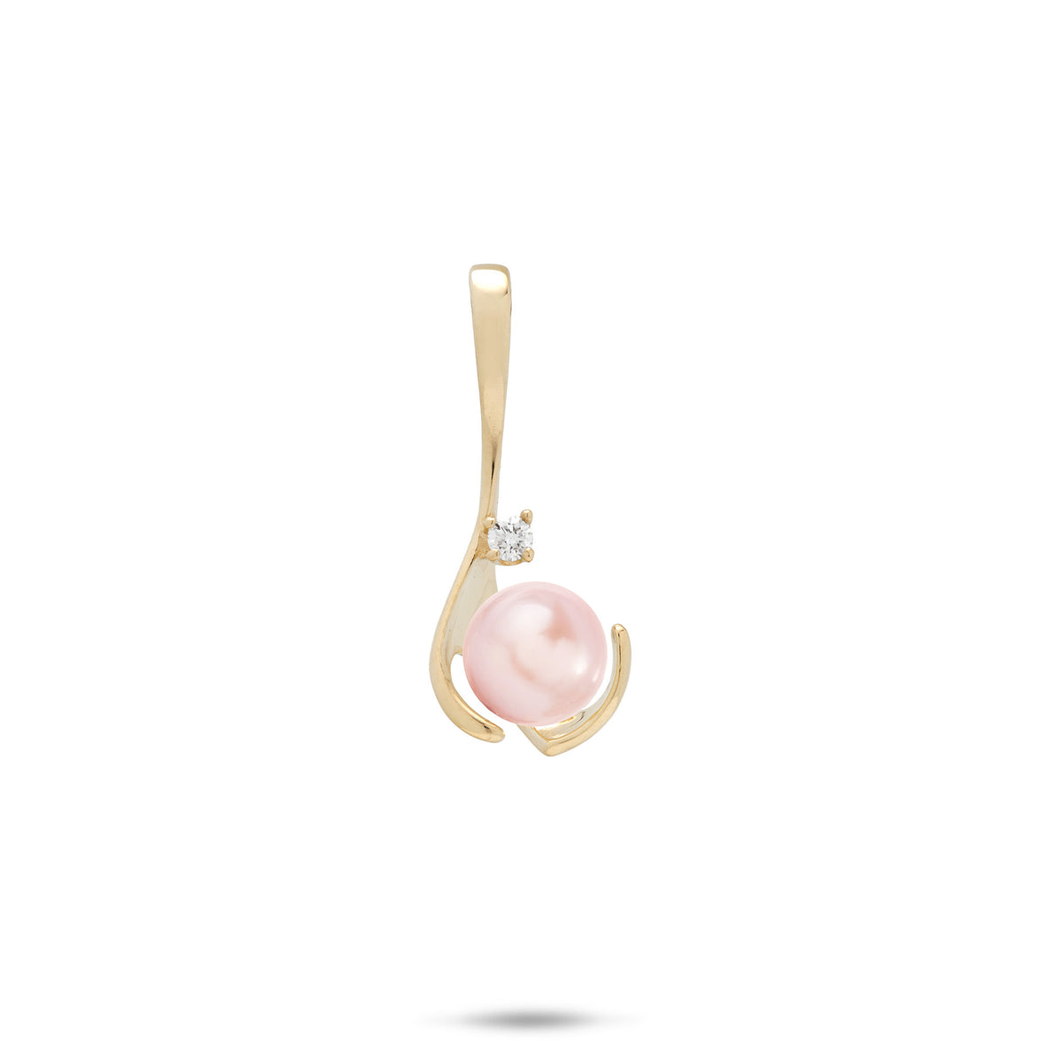 A 14k yellow gold drop pendant with a diamond and pink freshwater pearl, shown on a white background