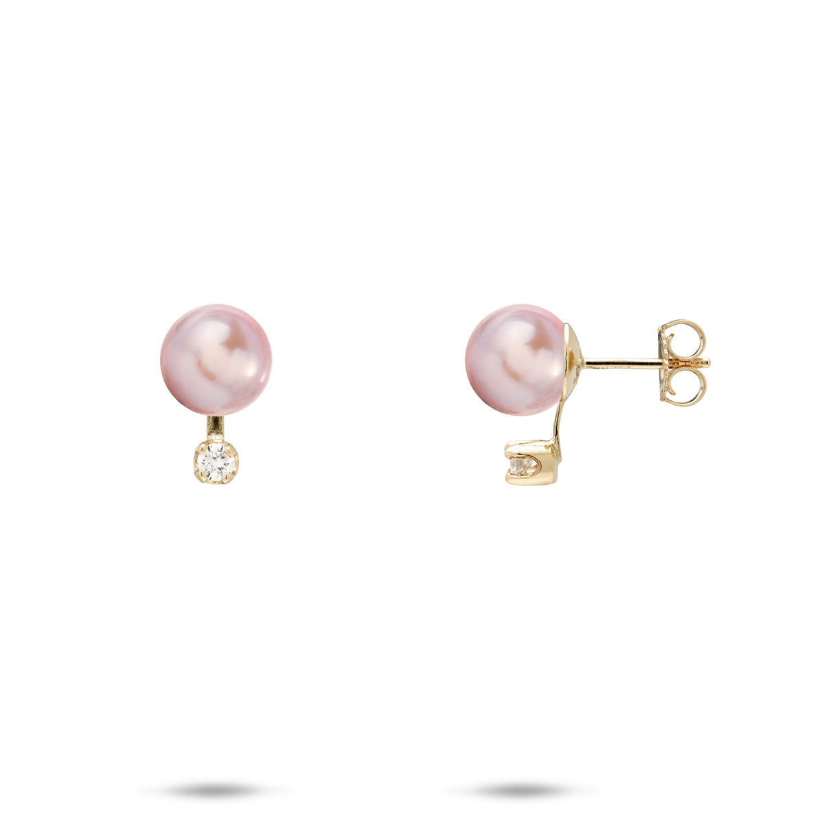 A pair of gold stud earrings featuring a round lavender freshwater pearl and a diamond, shown on a clean white background with one earring facing forward and the other showing the post and backing.
