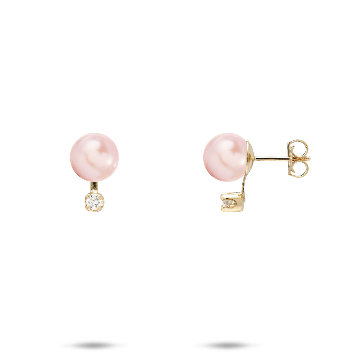 A pair of gold stud earrings featuring a round pink freshwater pearl and a diamond, shown on a clean white background with one earring facing forward and the other showing the post and backing.
