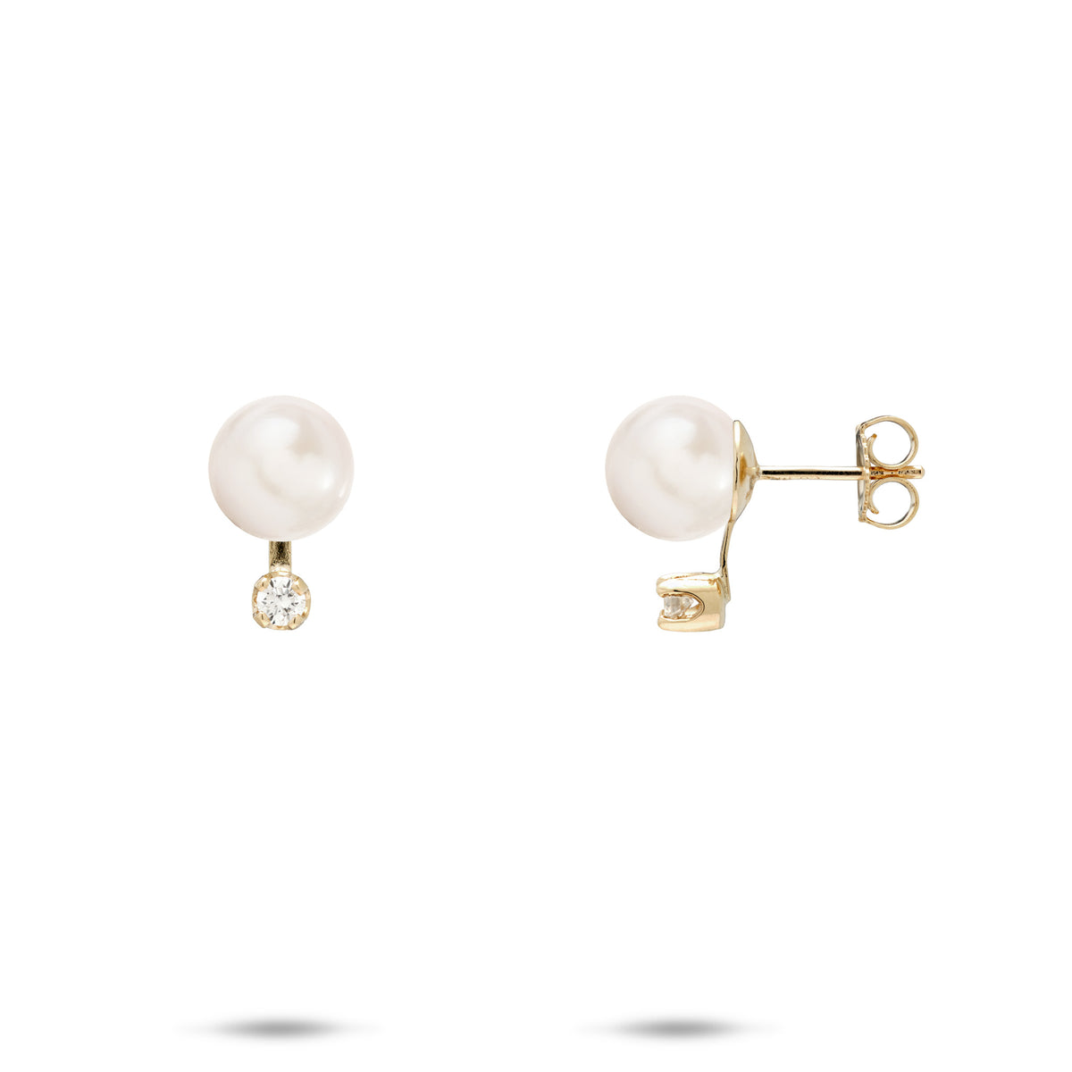 A pair of gold stud earrings featuring a round white freshwater pearl and a diamond, shown on a clean white background with one earring facing forward and the other showing the post and backing.