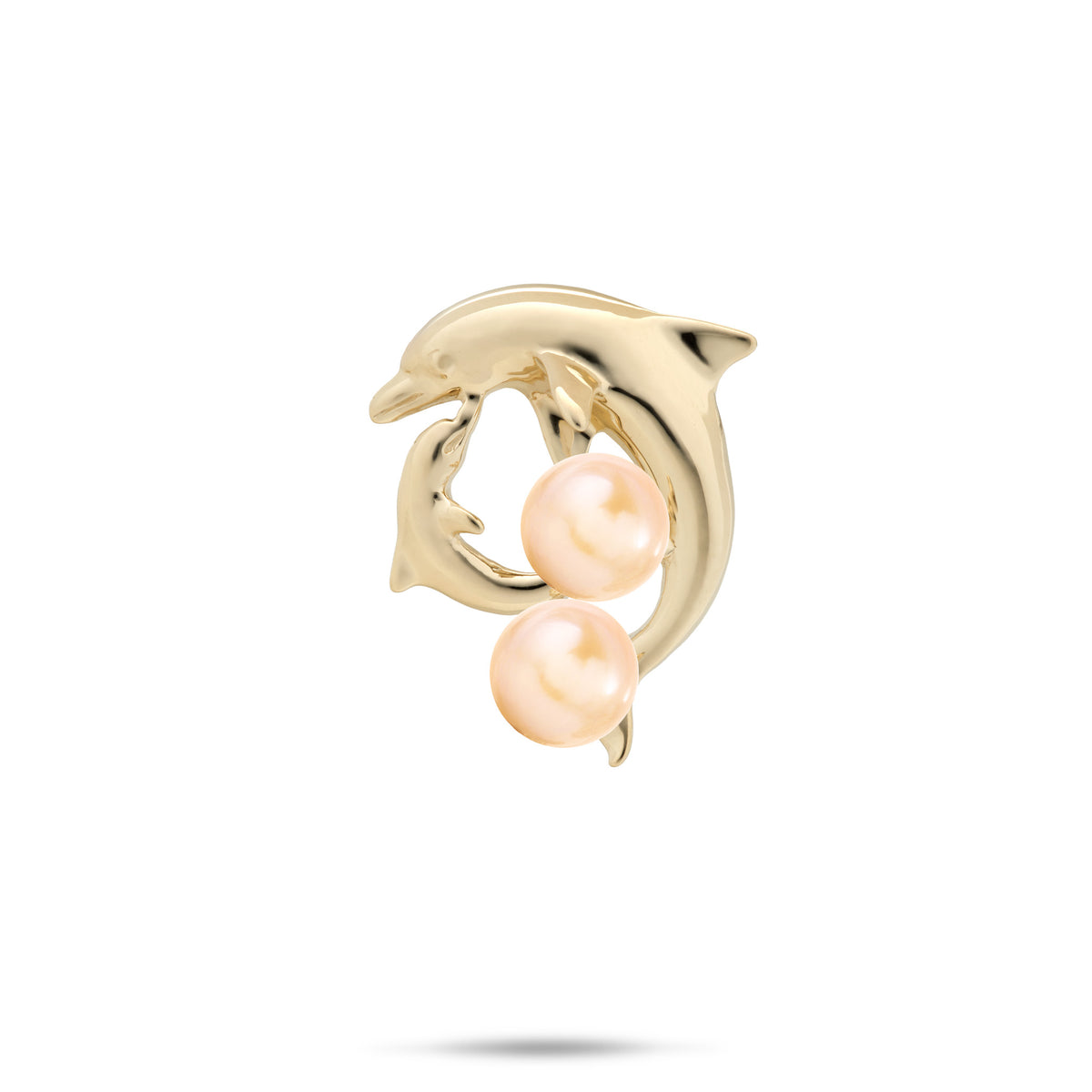 A 14k yellow gold Mother and Baby Dolphin Pendant with two peach freshwater pearls, shown against a white background with a soft shadow