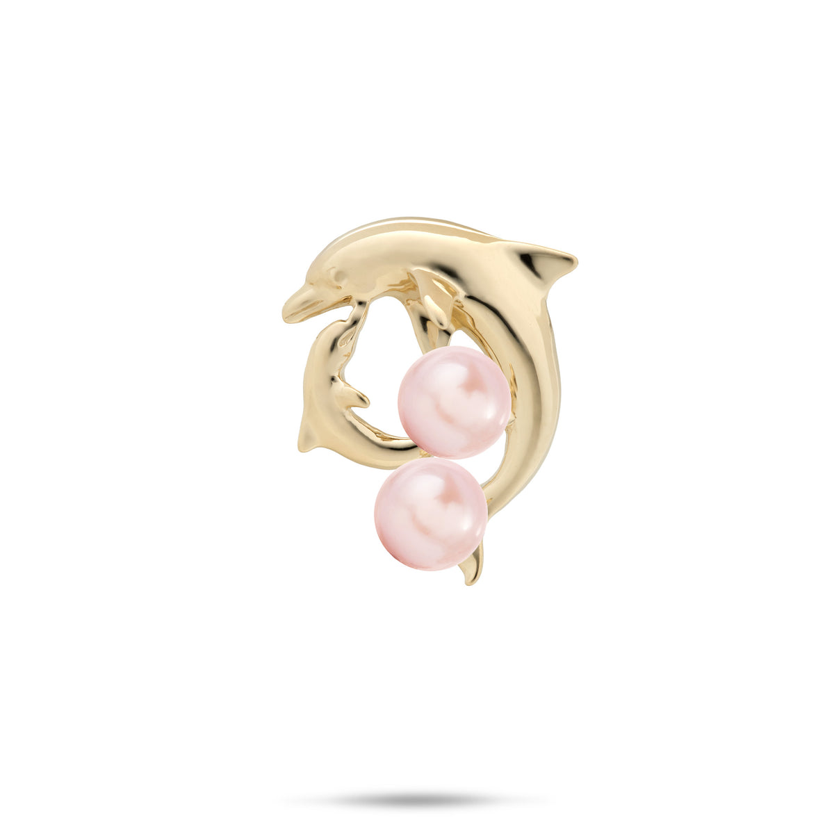 A 14k yellow gold Mother and Baby Dolphin Pendant with two pink freshwater pearls, shown against a white background with a soft shadow