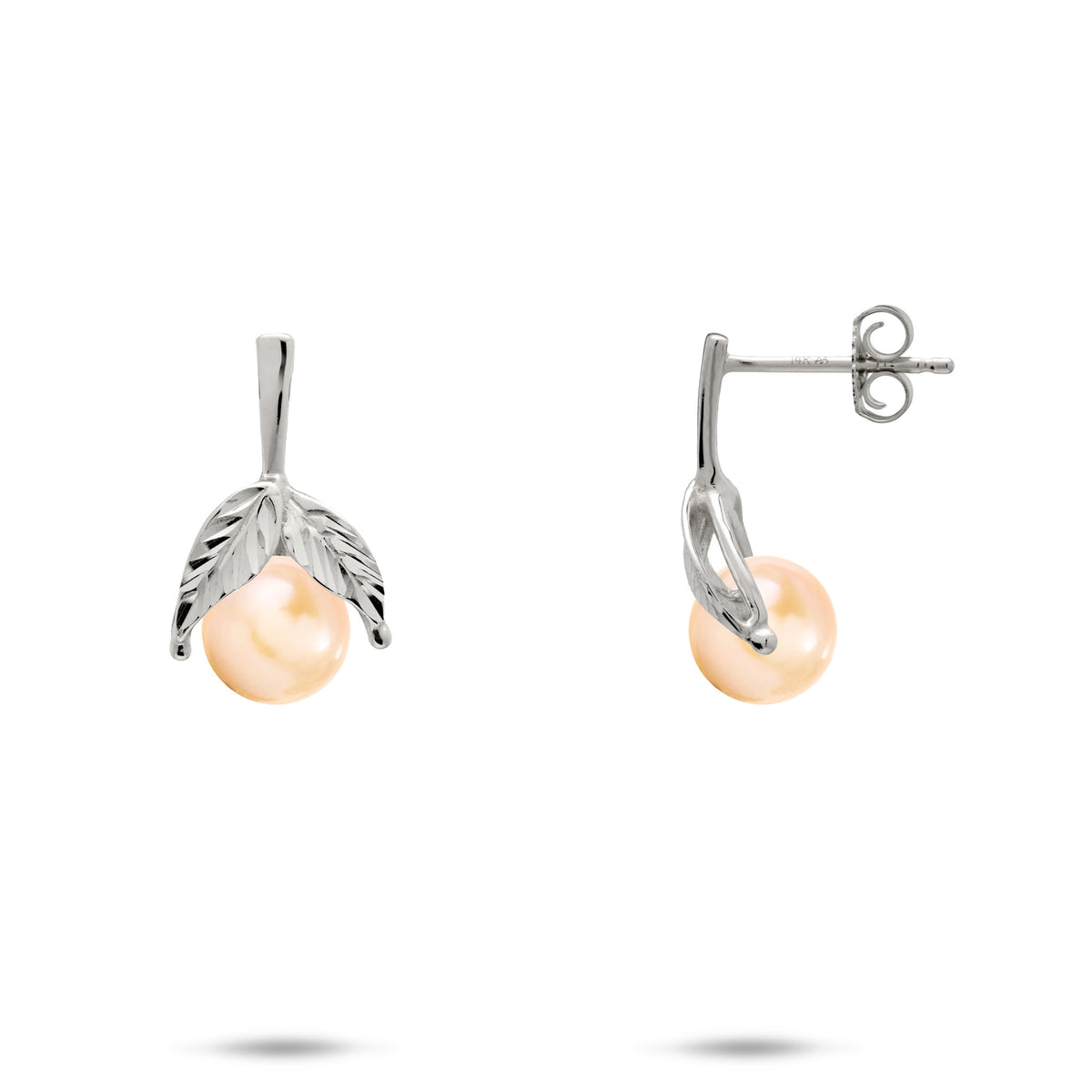 A pair of 14k white gold diamond-cut maile leaf stud earrings with a peach freshwater pearl, shown with a front and side view on a white background