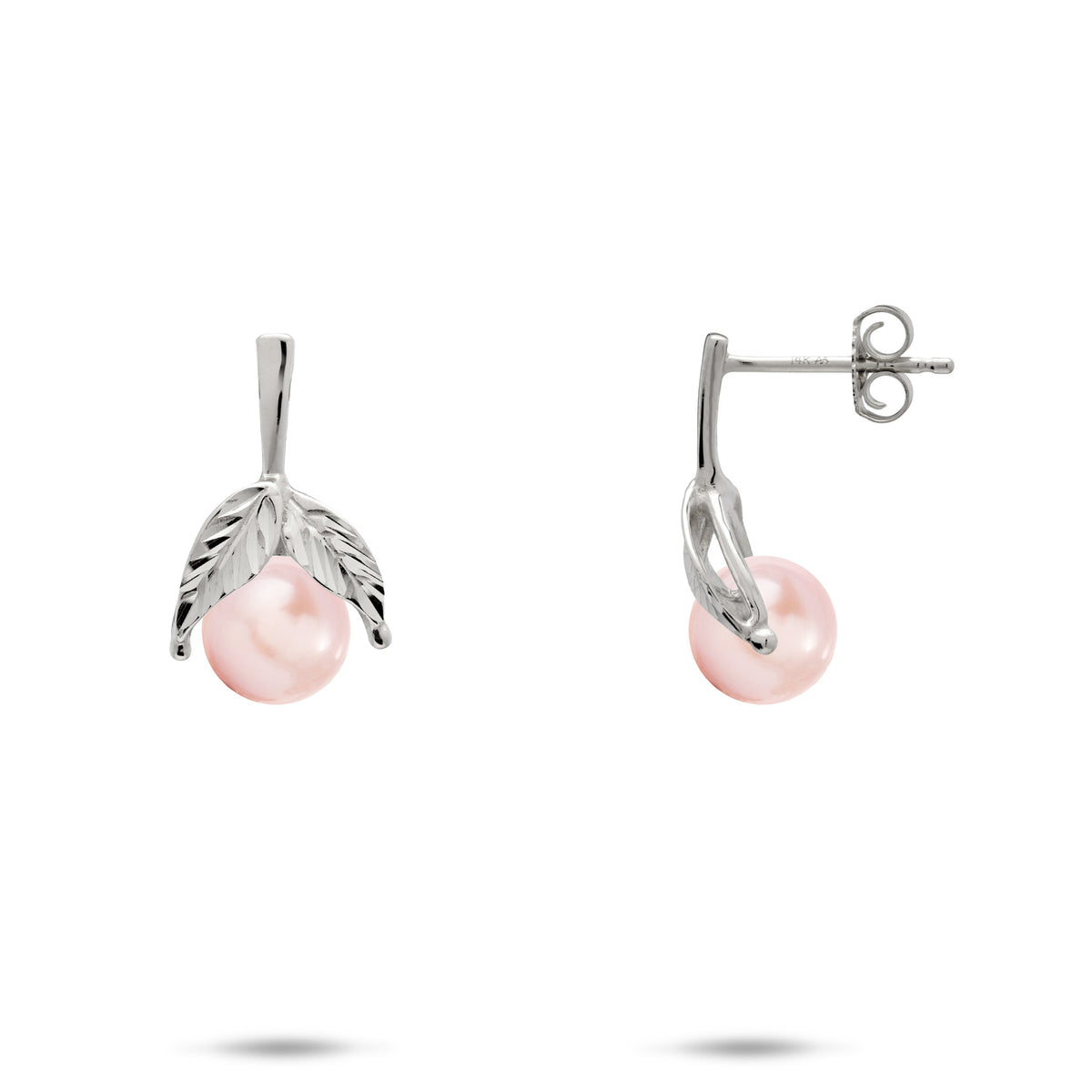 A pair of 14k white gold diamond-cut maile leaf stud earrings with a pink freshwater pearl, shown with a front and side view on a white background