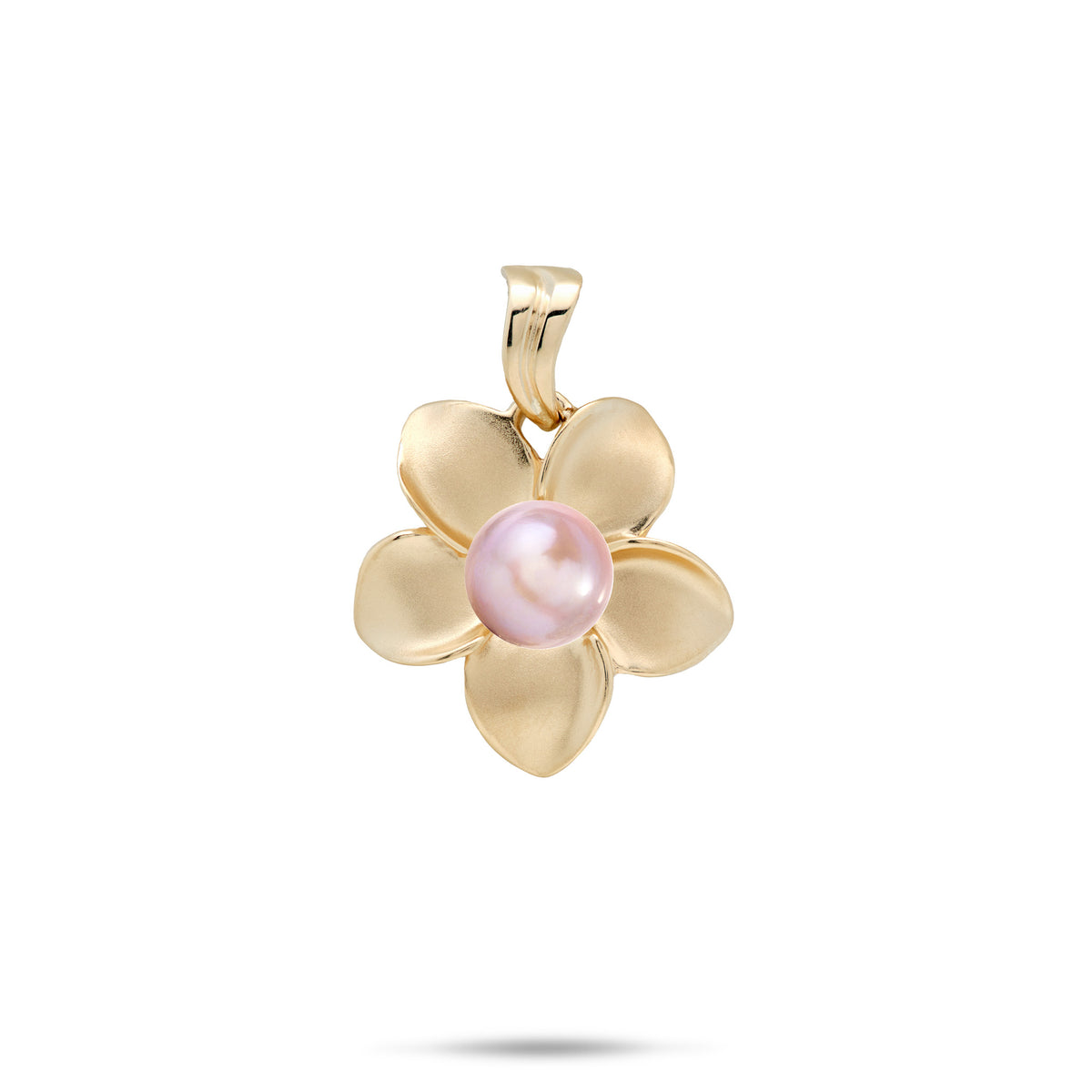 An 18mm 14k yellow gold plumeria flower pendant with a lavender freshwater pearl at the center and a high-polish wavy bail, shown on a white background