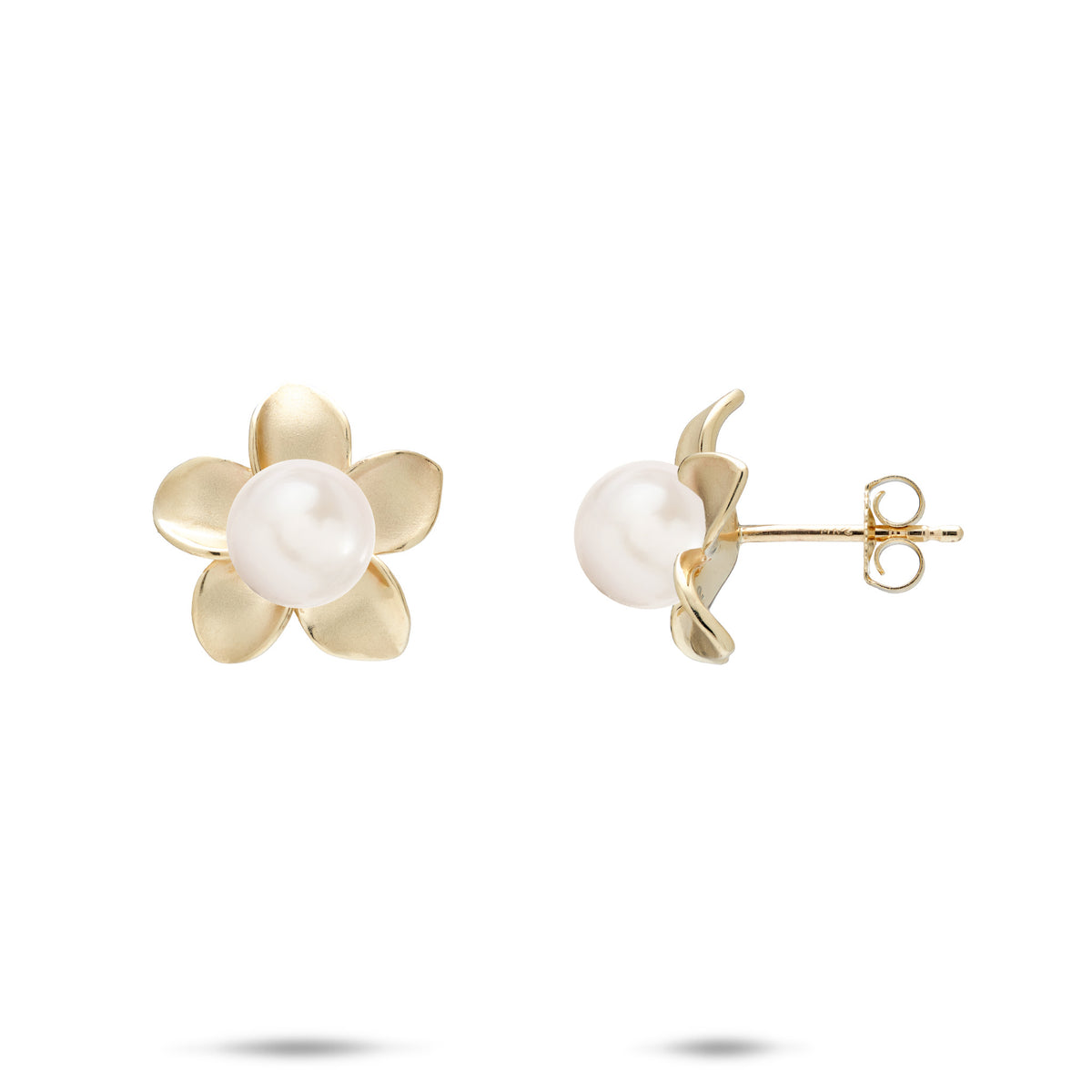 A pair of 13mm 14k yellow gold plumeria flower earrings with a white freshwater pearl at the center, shown with a front and side view against a white background