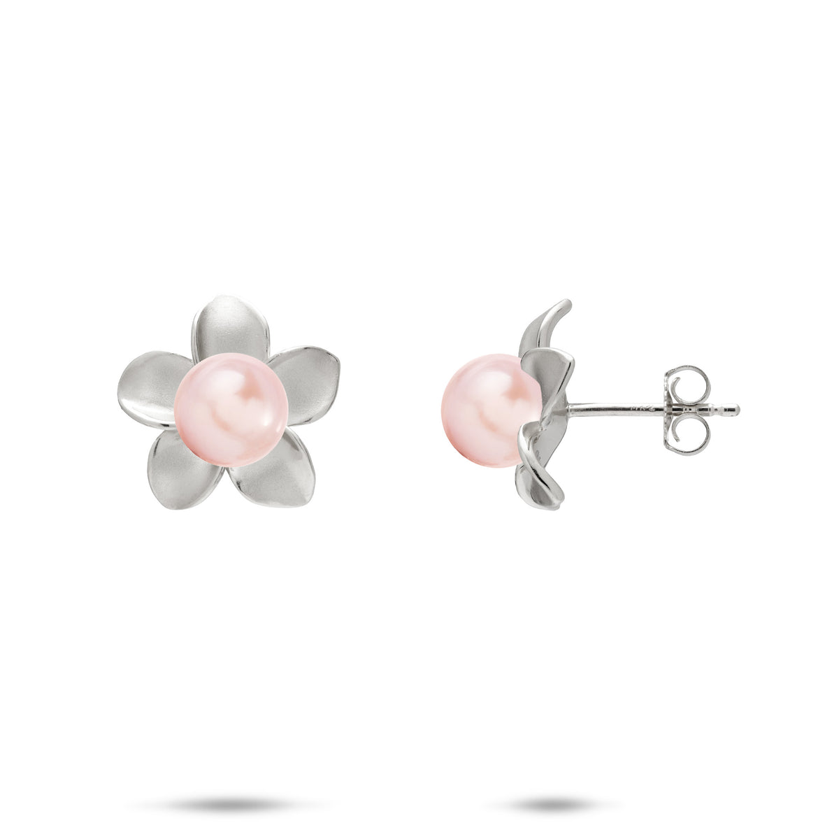 A pair of 14k white gold plumeria flower stud earrings with pink freshwater pearls, shown with a front and side profile view on a white background