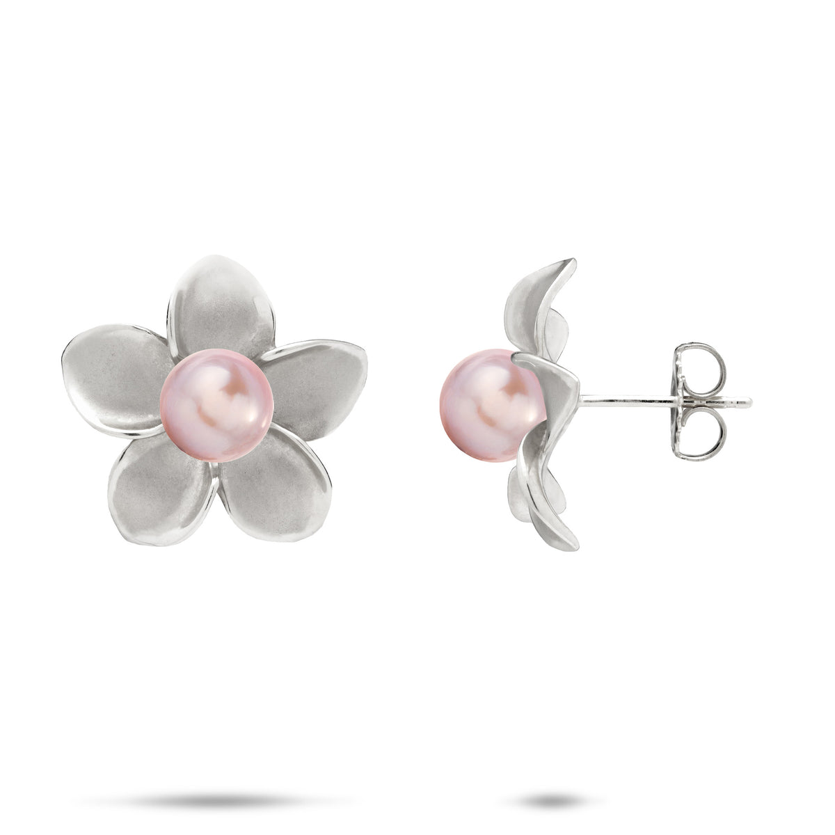 A pair of 18mm 14k white gold plumeria flower stud earrings with lavender freshwater pearls, showcasing the front and side view on a white background