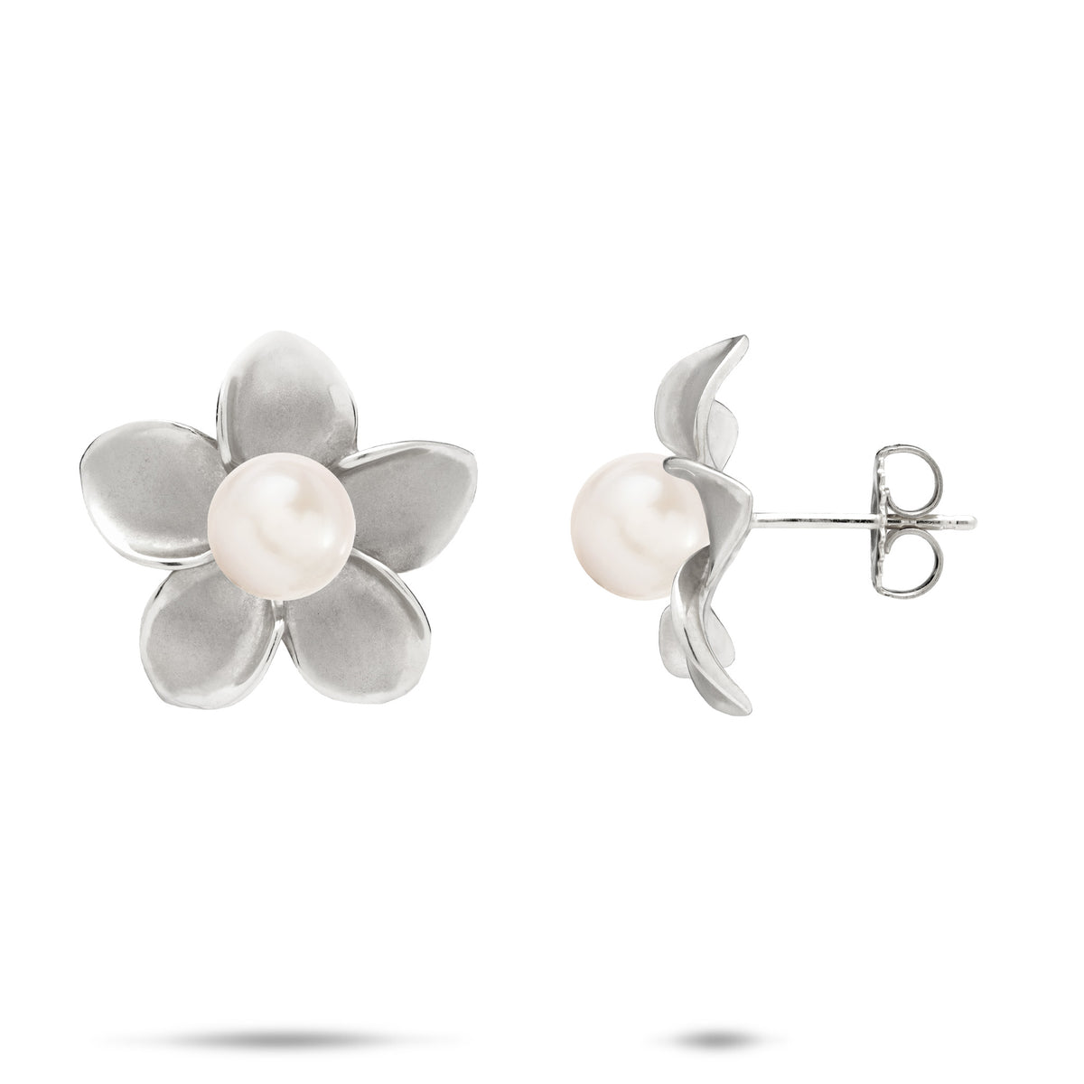 A pair of 18mm 14k white gold plumeria flower stud earrings with white freshwater pearls, showcasing the front and side view on a white background