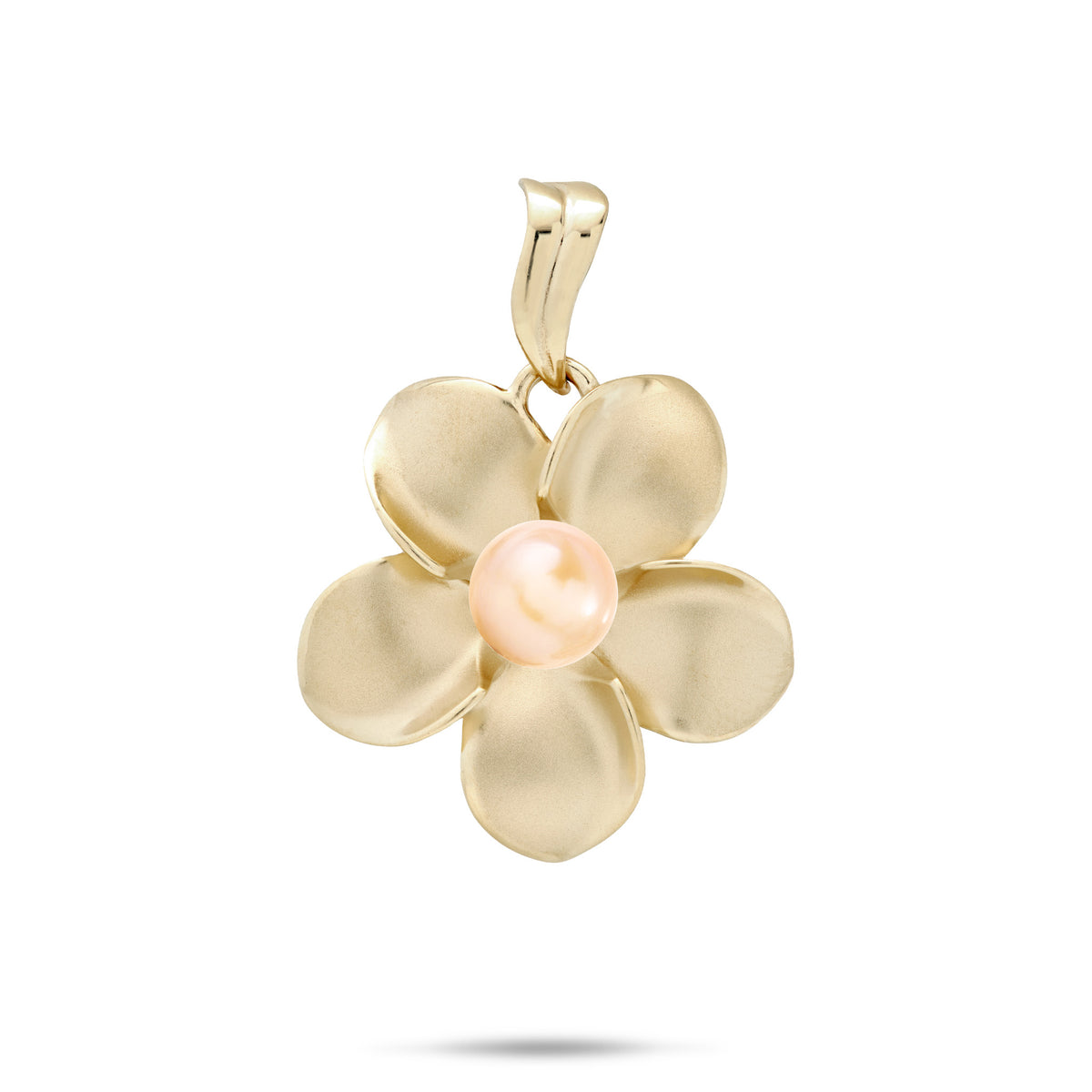 A 14k yellow gold 23mm Plumeria Flower Pendant with a center peach freshwater pearl and wavy high-polish bail, shown against a white background