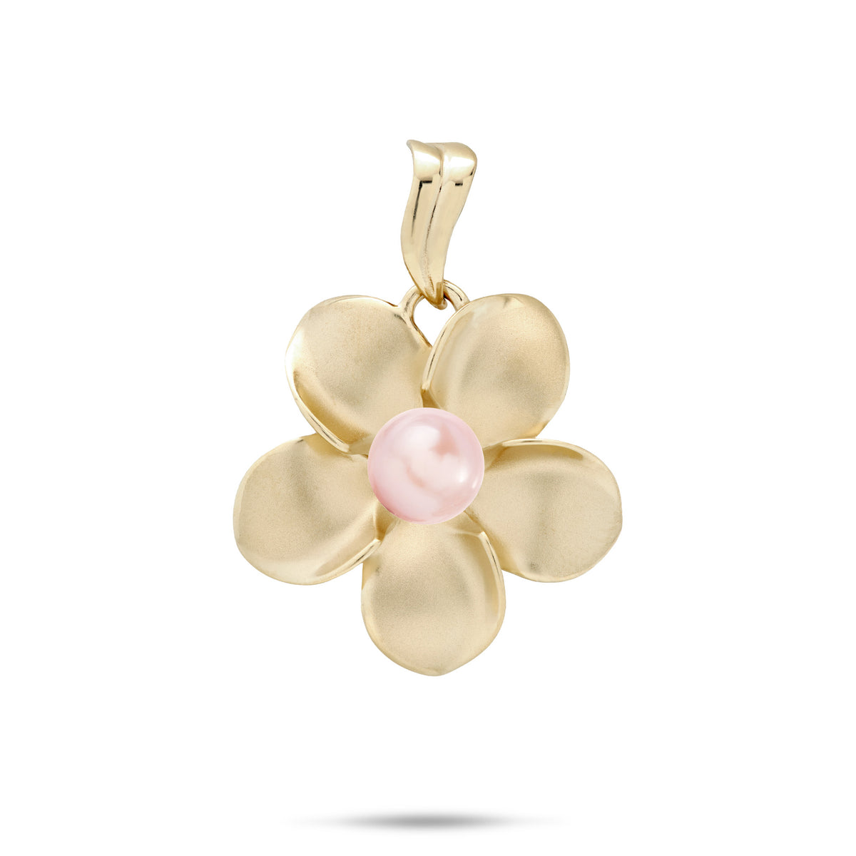 A 14k yellow gold 23mm Plumeria Flower Pendant with a center pink freshwater pearl and wavy high-polish bail, shown against a white background