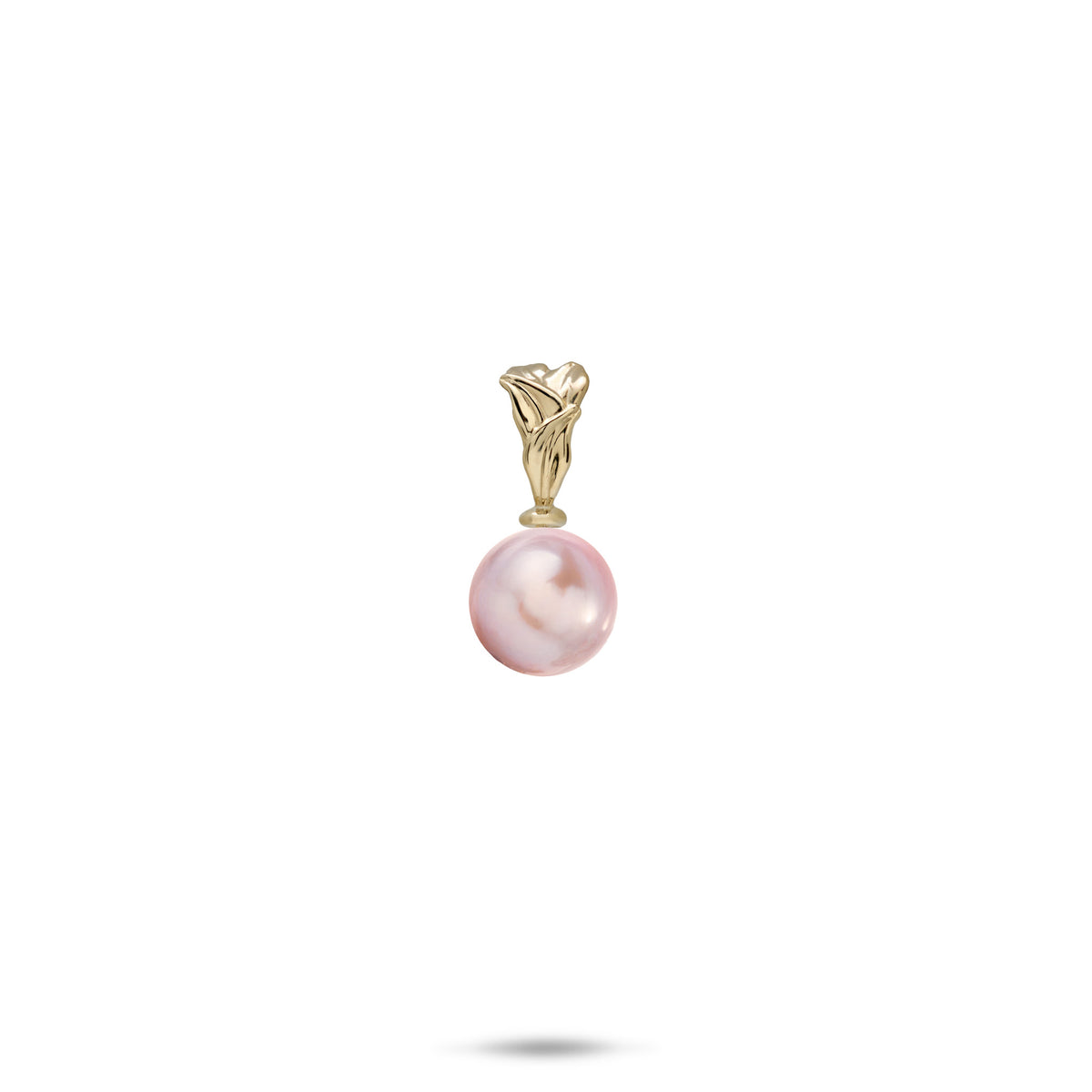 A 14k yellow gold pendant with a woven high-polish maile leaf design and a small lavender freshwater pearl, against a white background