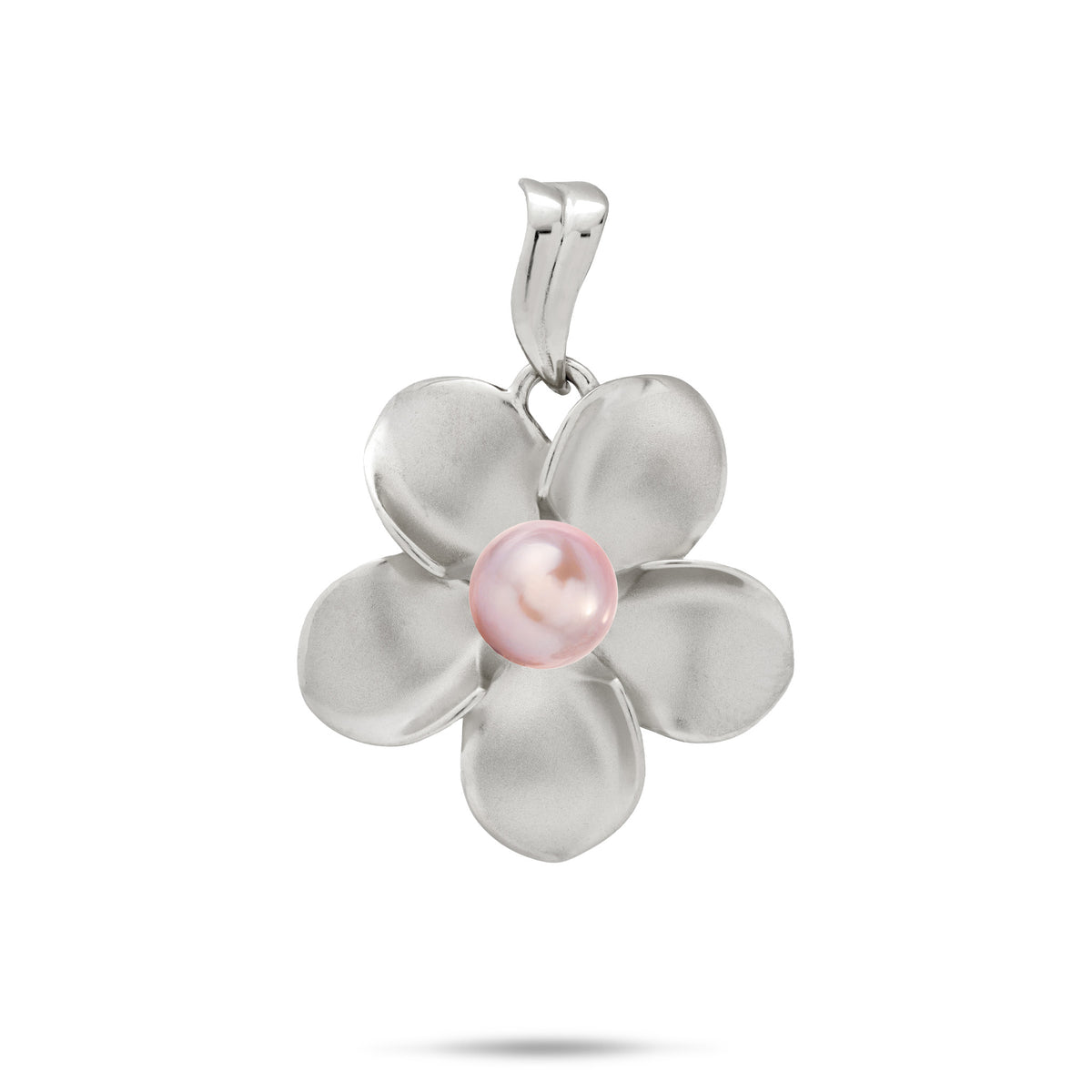 A 14k white gold 23mm Plumeria Flower Pendant with a center lavender freshwater pearl and wavy high-polish bail, shown against a white background