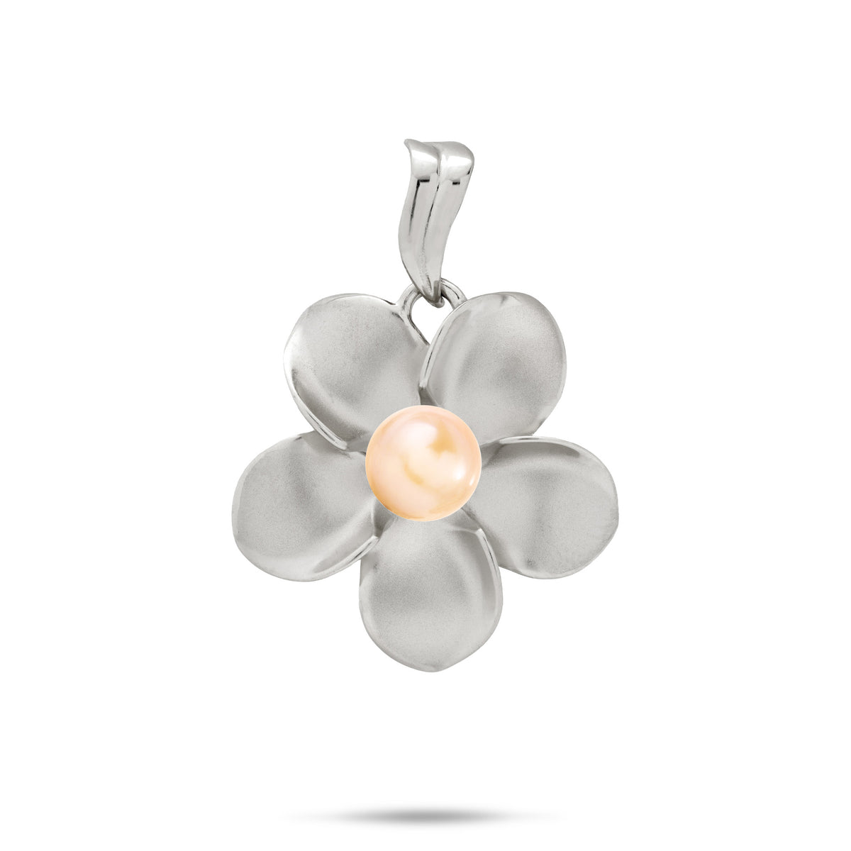 A 14k white gold 23mm Plumeria Flower Pendant with a center peach freshwater pearl and wavy high-polish bail, shown against a white background