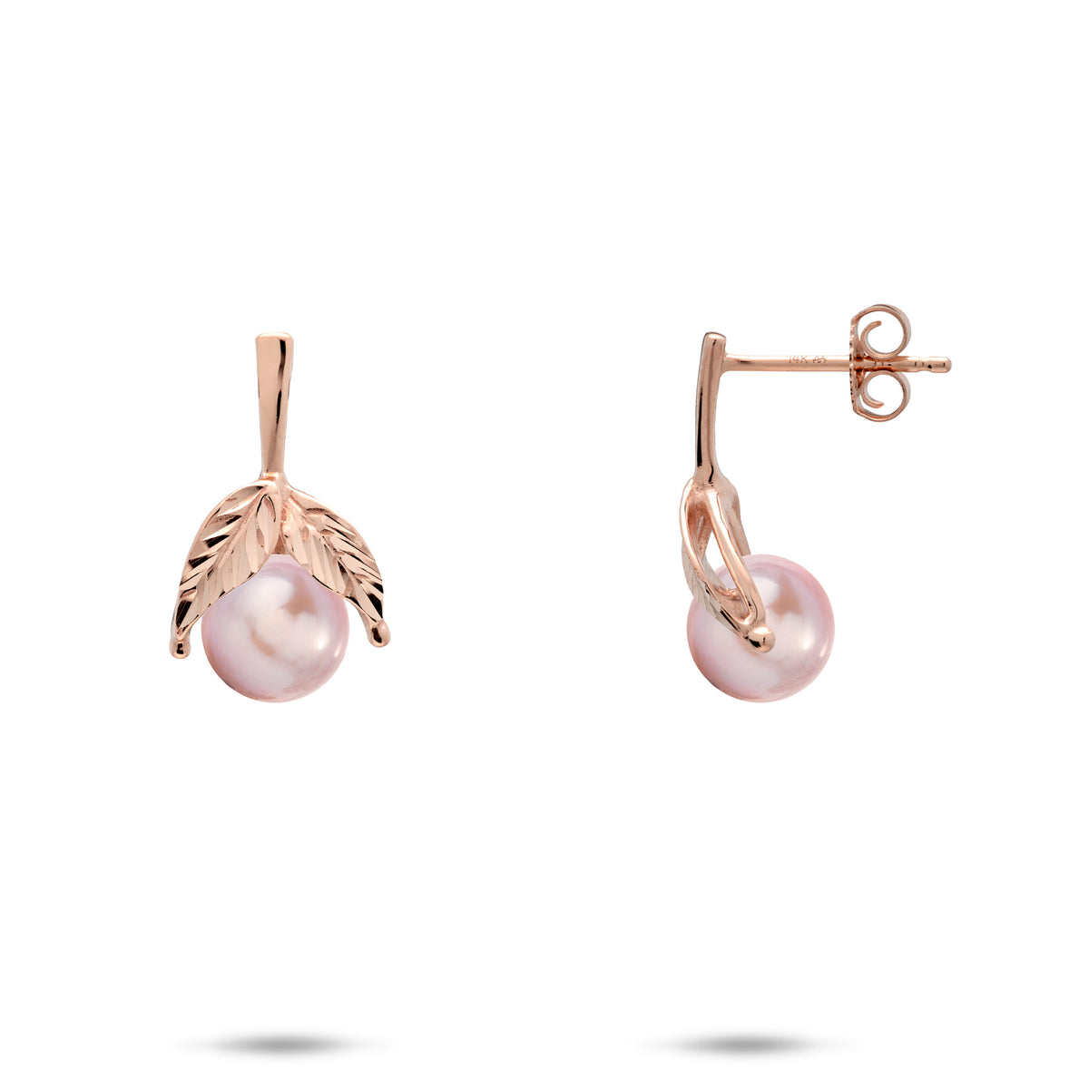 A pair of 14k rose gold diamond-cut maile leaf stud earrings with lavender freshwater pearls, shown with a front and side profile on a white background