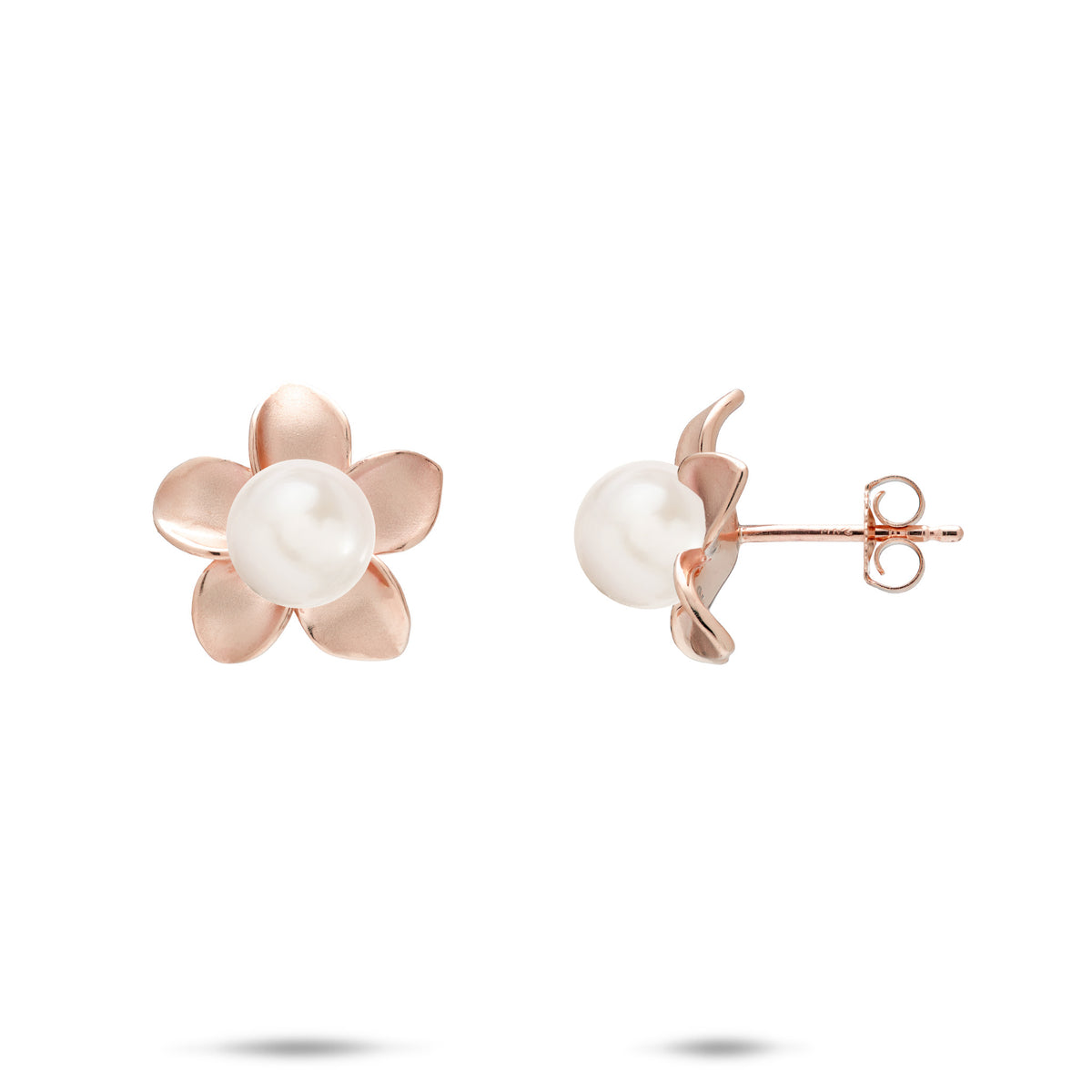 A pair of 14k rose gold plumeria flower stud earrings with a center white freshwater pearl, shown with a front and side profile view against a white background