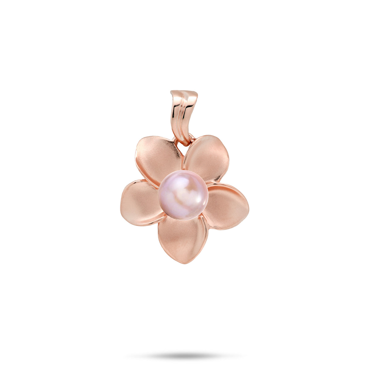 An 18mm 14k rose gold plumeria flower pendant with a lavender freshwater pearl at the center and a high-polish wavy bail, shown on a white background