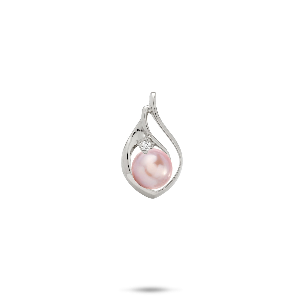 A 14k white gold teardrop shape pendant with a curved cut-out design on the right side, diamond accent, and lavender freshwater pearl, shown on a white background with a soft shadow