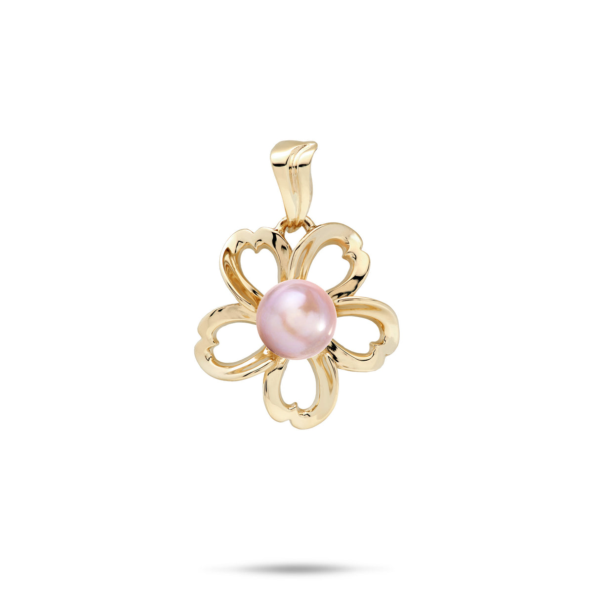 An 18mm high-polish 14k yellow gold plumeria flower-shaped pendant with cut-out heart shape metals featuring a central lavender freshwater pearl, shown against a plain white background with a soft shadow underneath