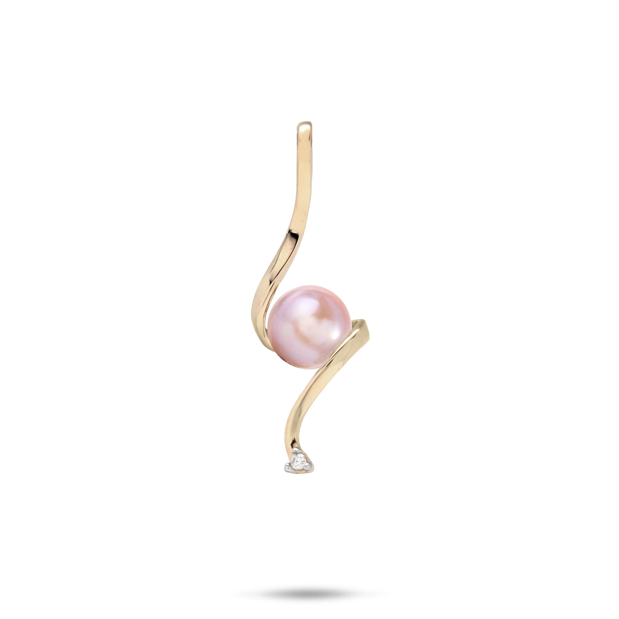 Swirling Waterfall Pendant in high-polish 14k Yellow Gold with a Pink Freshwater Pearl in the Center and a Diamond at the Bottom against a white background