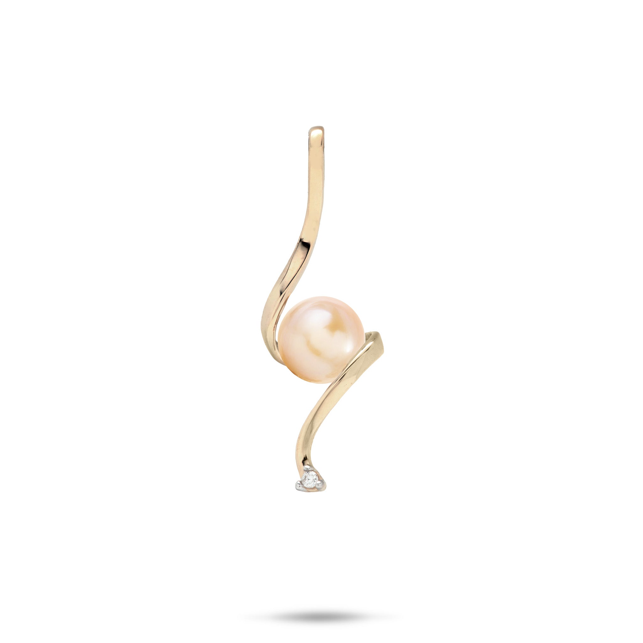 Swirling Waterfall Pendant in high-polish 14k Yellow Gold with a Peach Freshwater Pearl in the Center and a Diamond at the Bottom against a white background