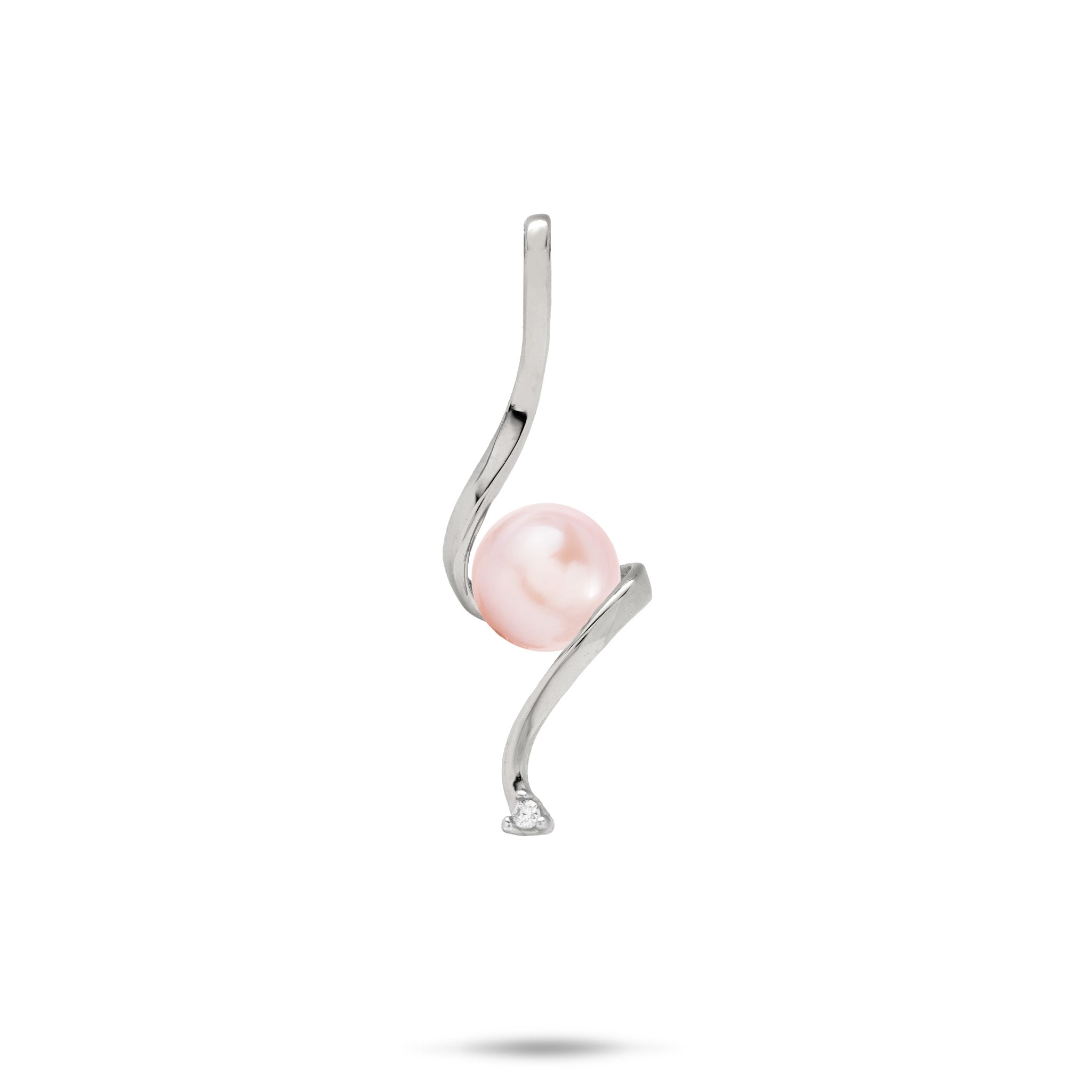 Swirling Waterfall Pendant in high-polish 14k White Gold with a Lavender Freshwater Pearl in the Center and a Diamond at the Bottom against a white background