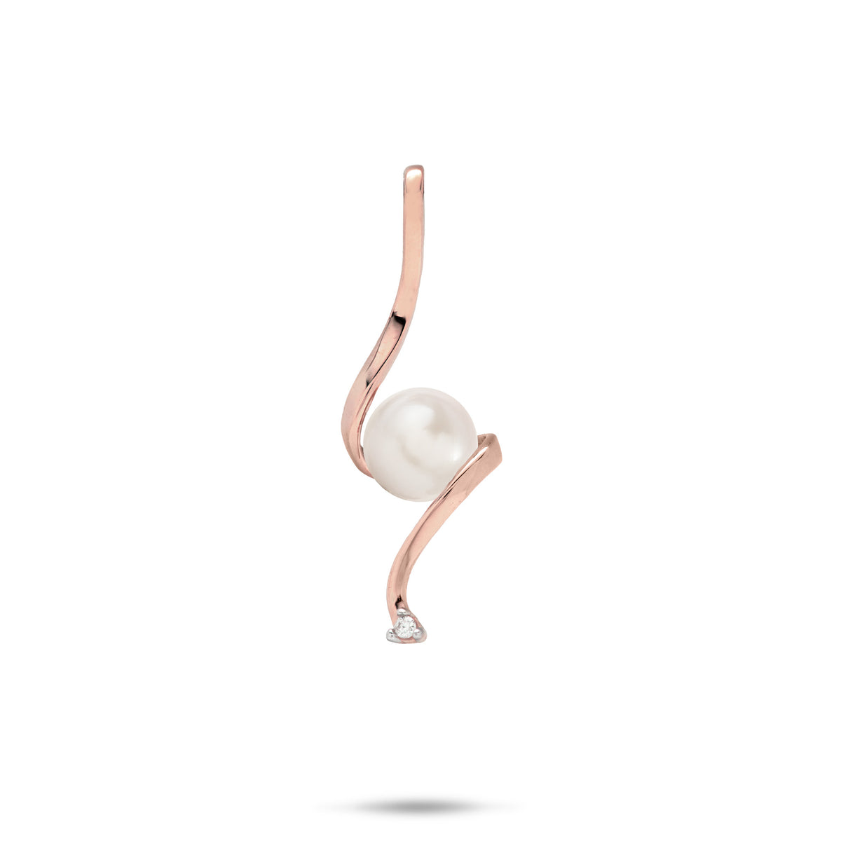 Swirling Waterfall Pendant in high-polish 14k Rose Gold with a White Freshwater Pearl in the Center and a Diamond at the Bottom against a white background