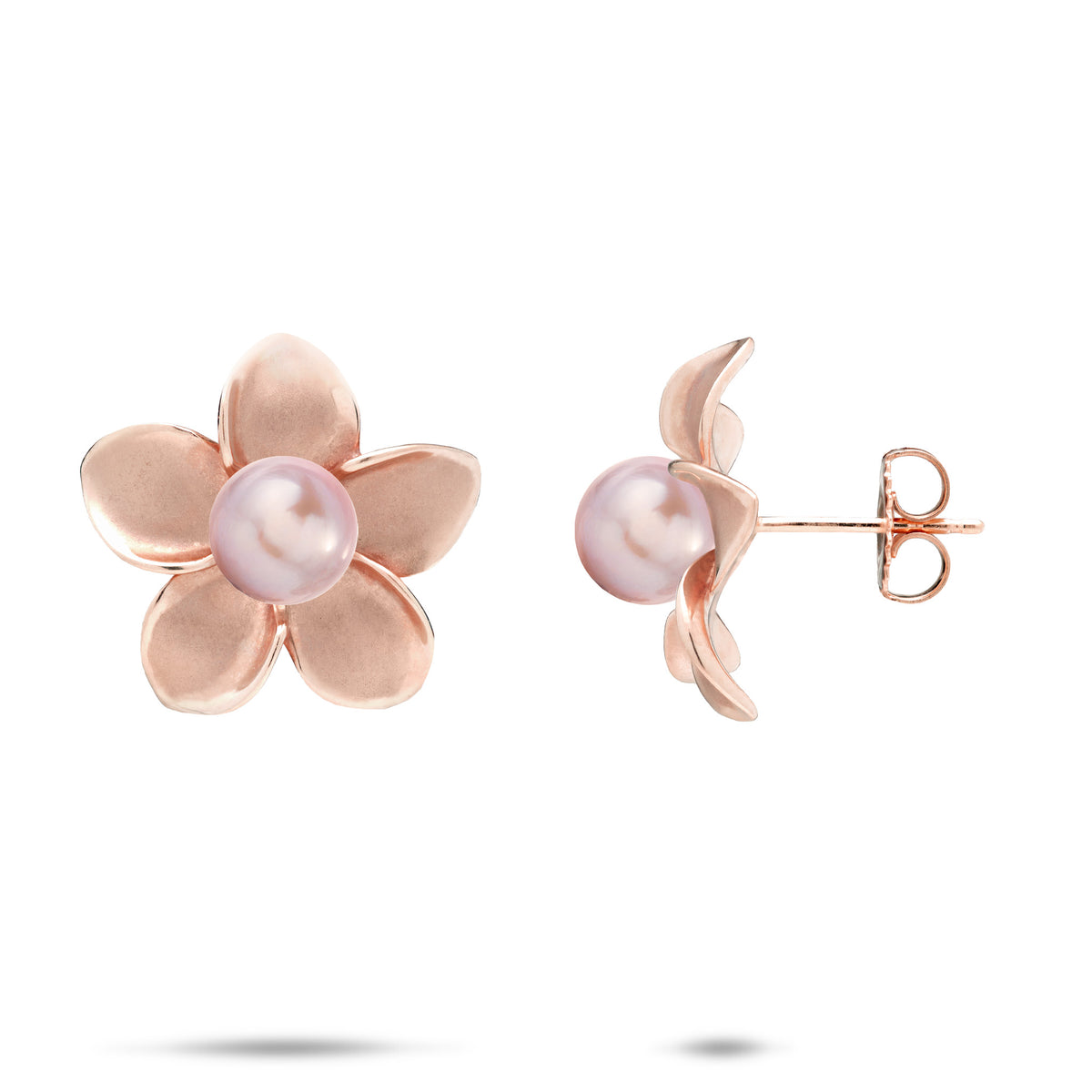 A pair of 18mm 14k rose gold plumeria flower stud earrings with a lavender freshwater pearl, shown on a white background