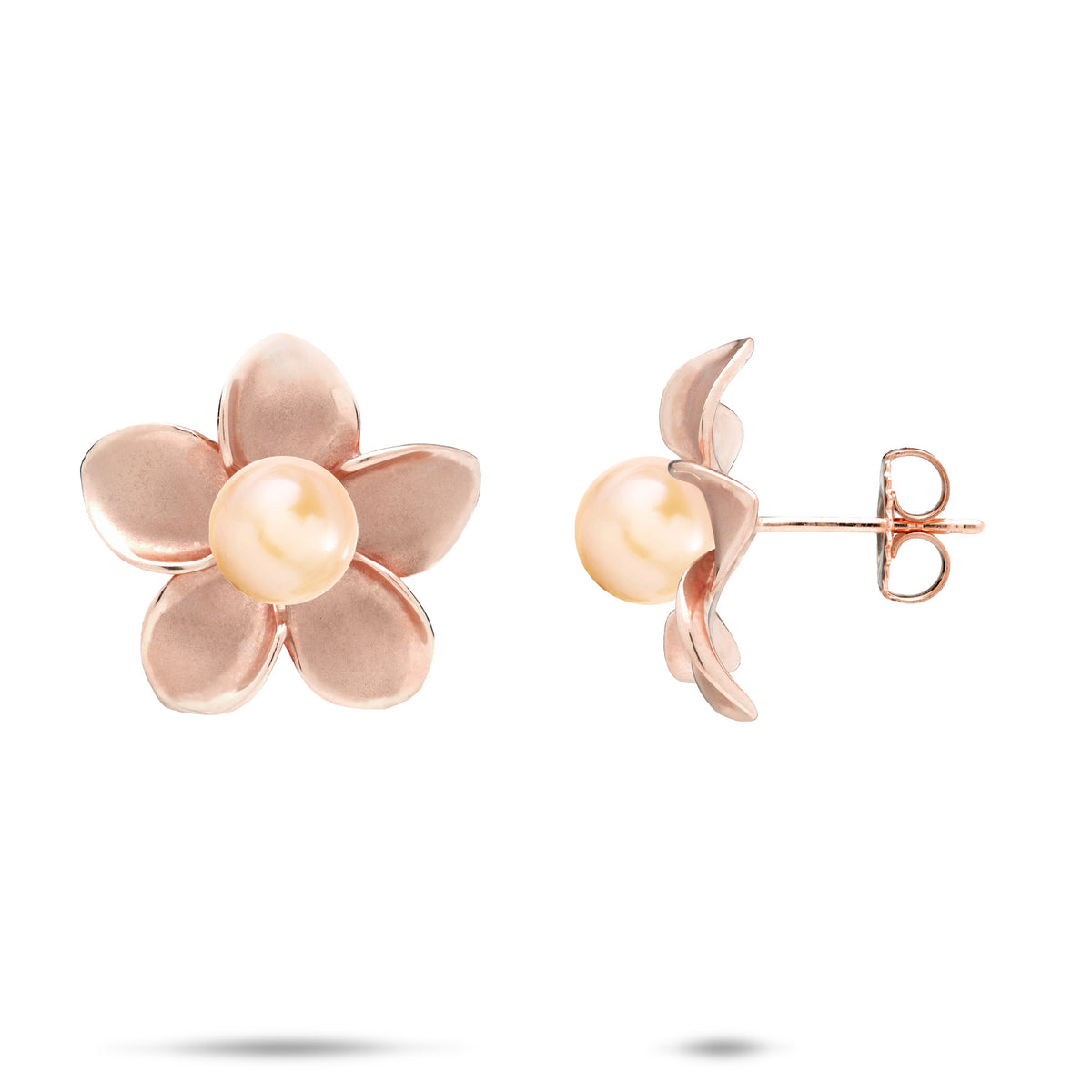 A pair of 18mm 14k rose gold plumeria flower stud earrings with a peach freshwater pearl, shown on a white background