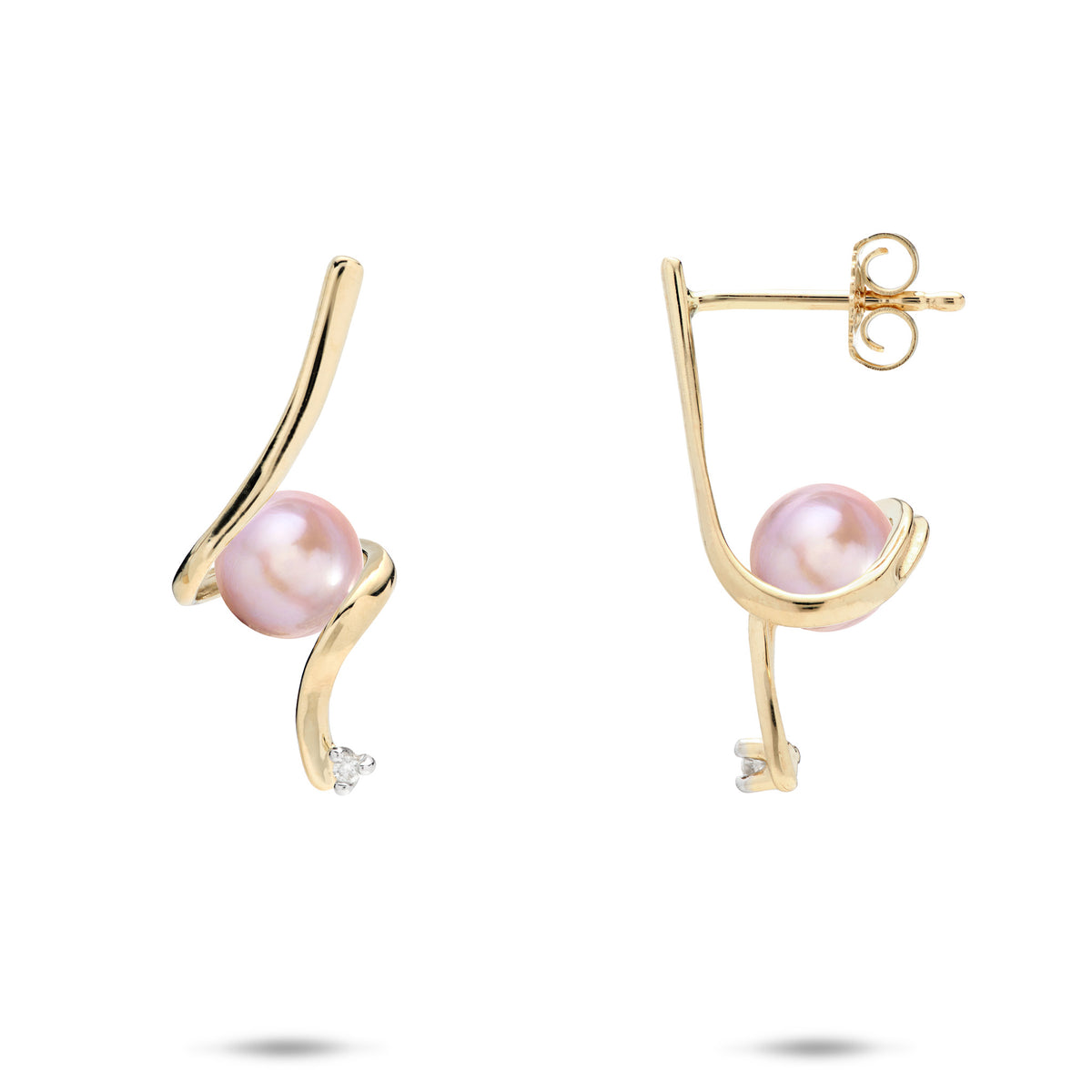A pair of 14k yellow gold waterfall spiral style stud earrings wrapping a lavender freshwater pearl and a diamond at the bottom, shown on a white background