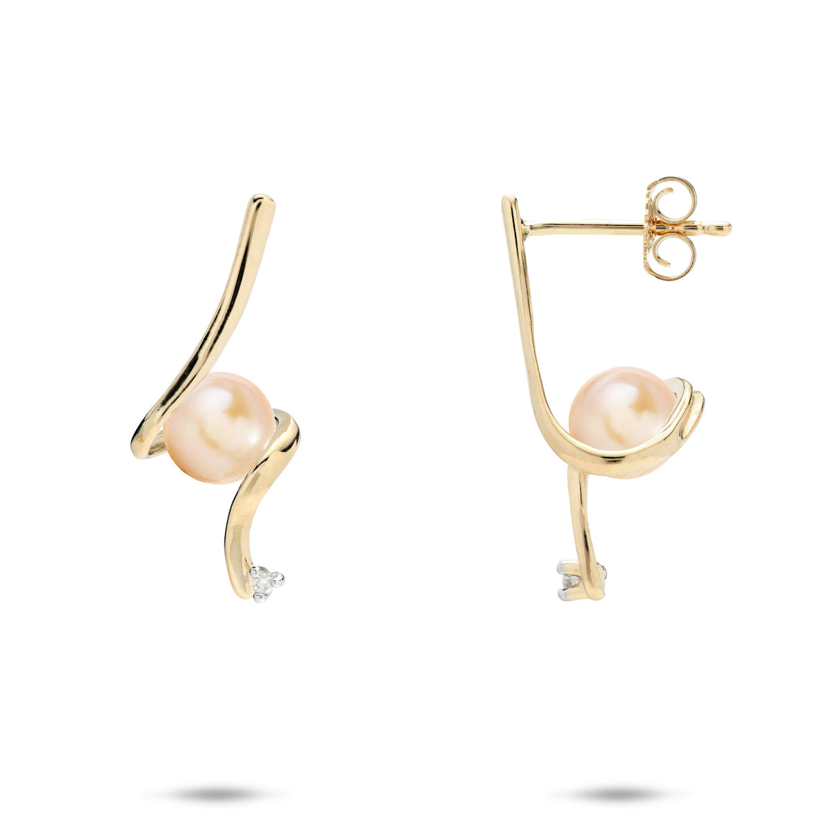 A pair of 14k yellow gold waterfall spiral style stud earrings wrapping a peach freshwater pearl and a diamond at the bottom, shown on a white background