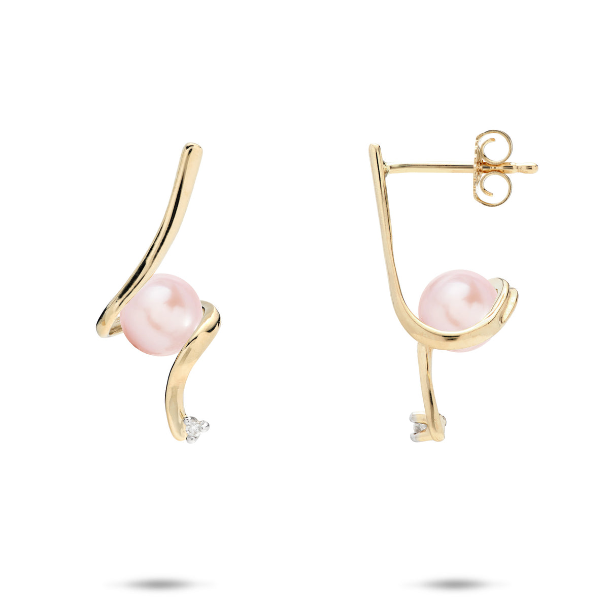 A pair of 14k yellow gold waterfall spiral style stud earrings wrapping a pink freshwater pearl and a diamond at the bottom, shown on a white background
