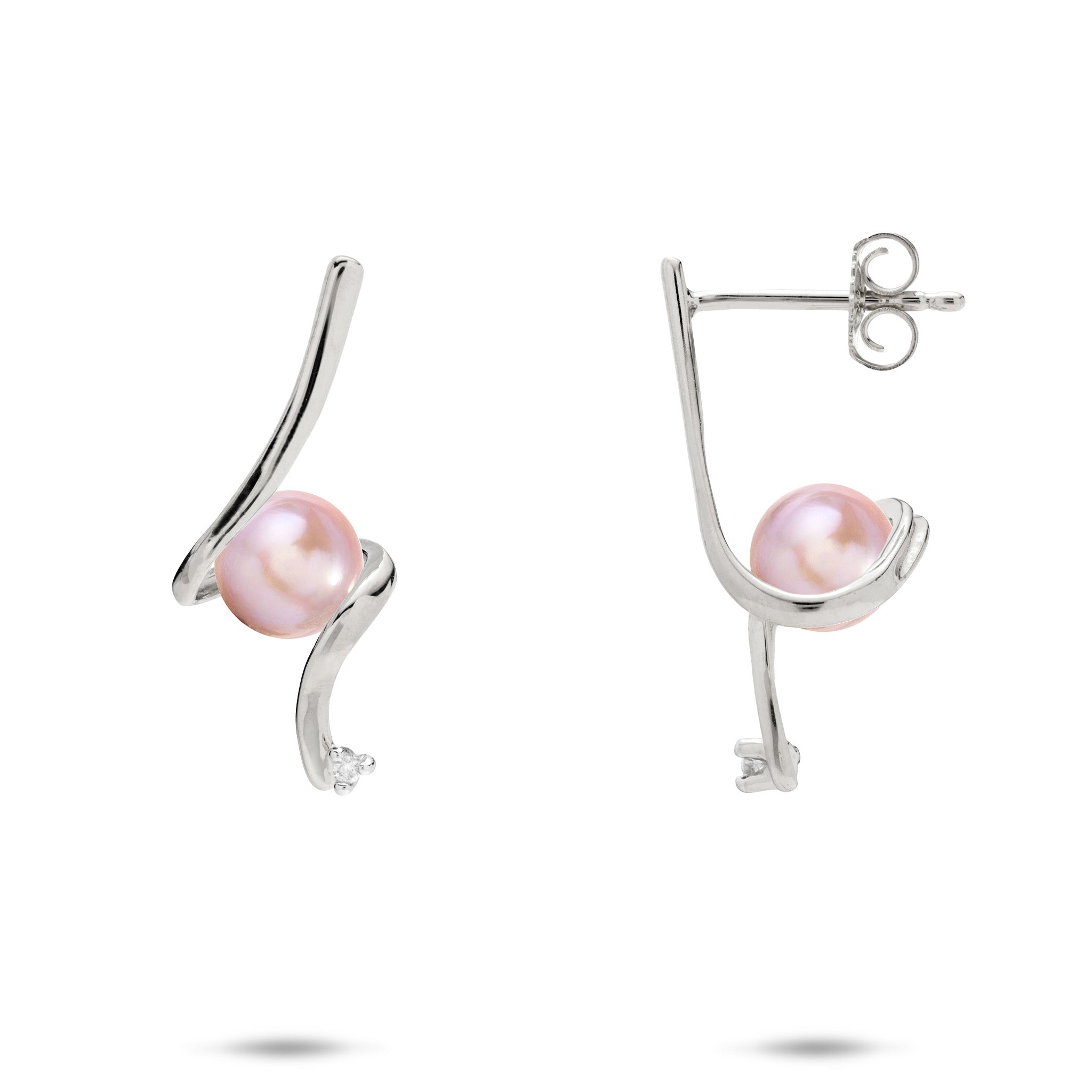 A pair of 14k white gold waterfall spiral style stud earrings wrapping a lavender freshwater pearl and a diamond at the bottom, shown on a white background