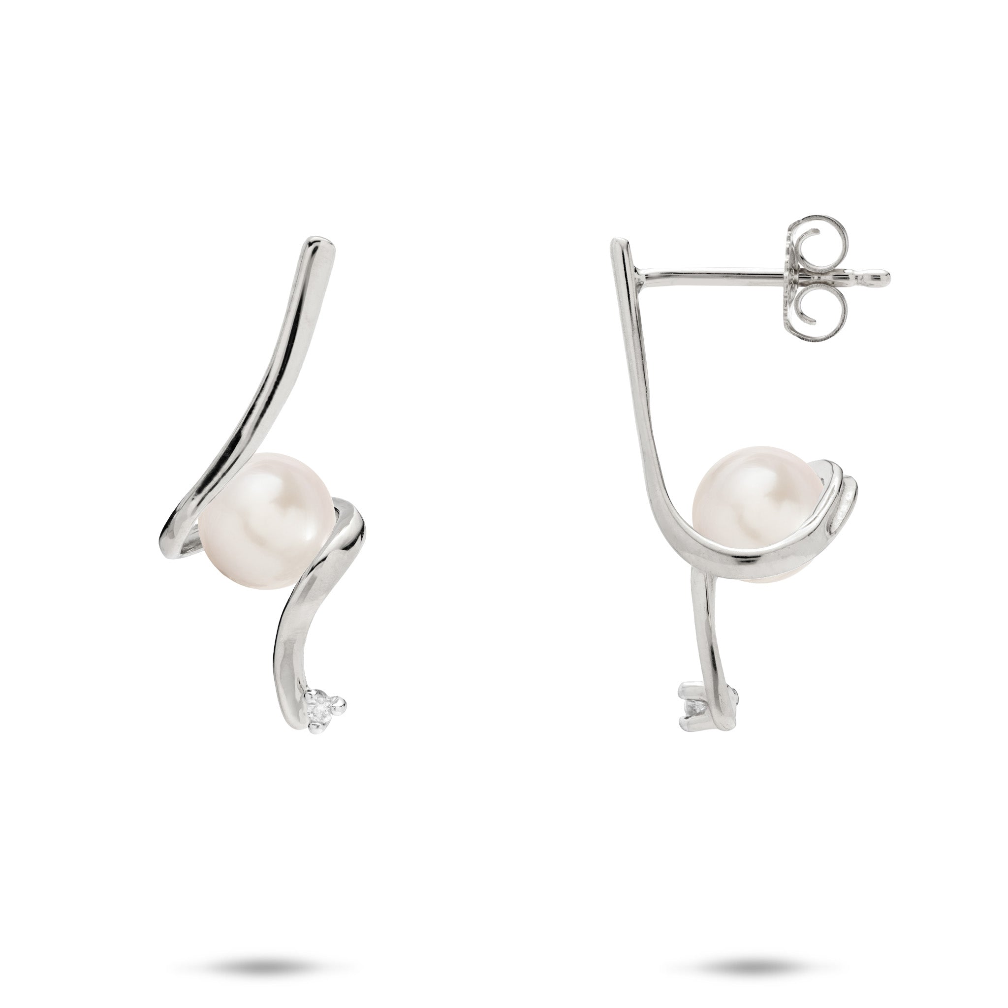 A pair of 14k white gold waterfall spiral style stud earrings wrapping a white freshwater pearl and a diamond at the bottom, shown on a white background