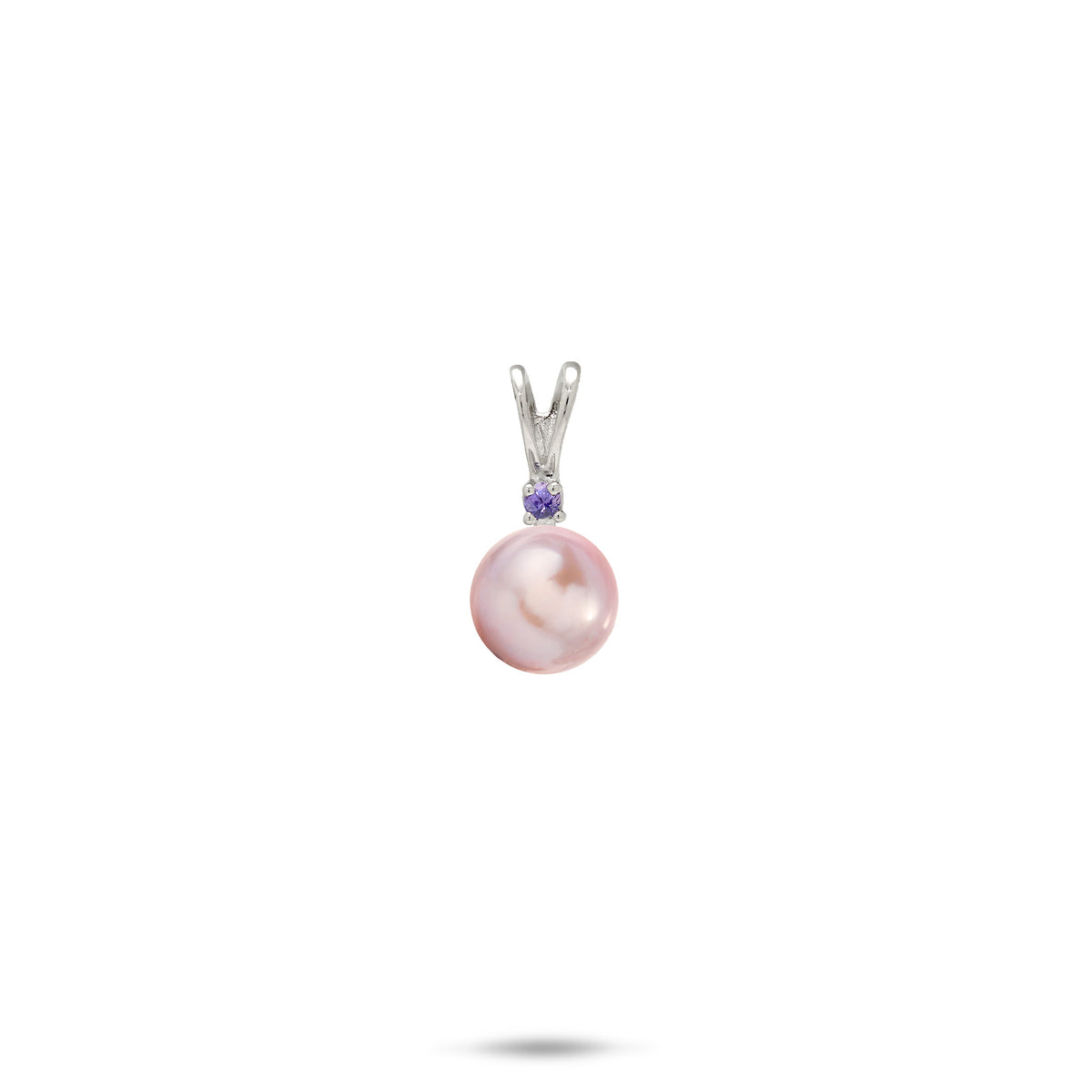 A simple 14k white gold pendant with a V shape bail with a small tanzanite stone and lavender freshwater pearl, shown on a white background
