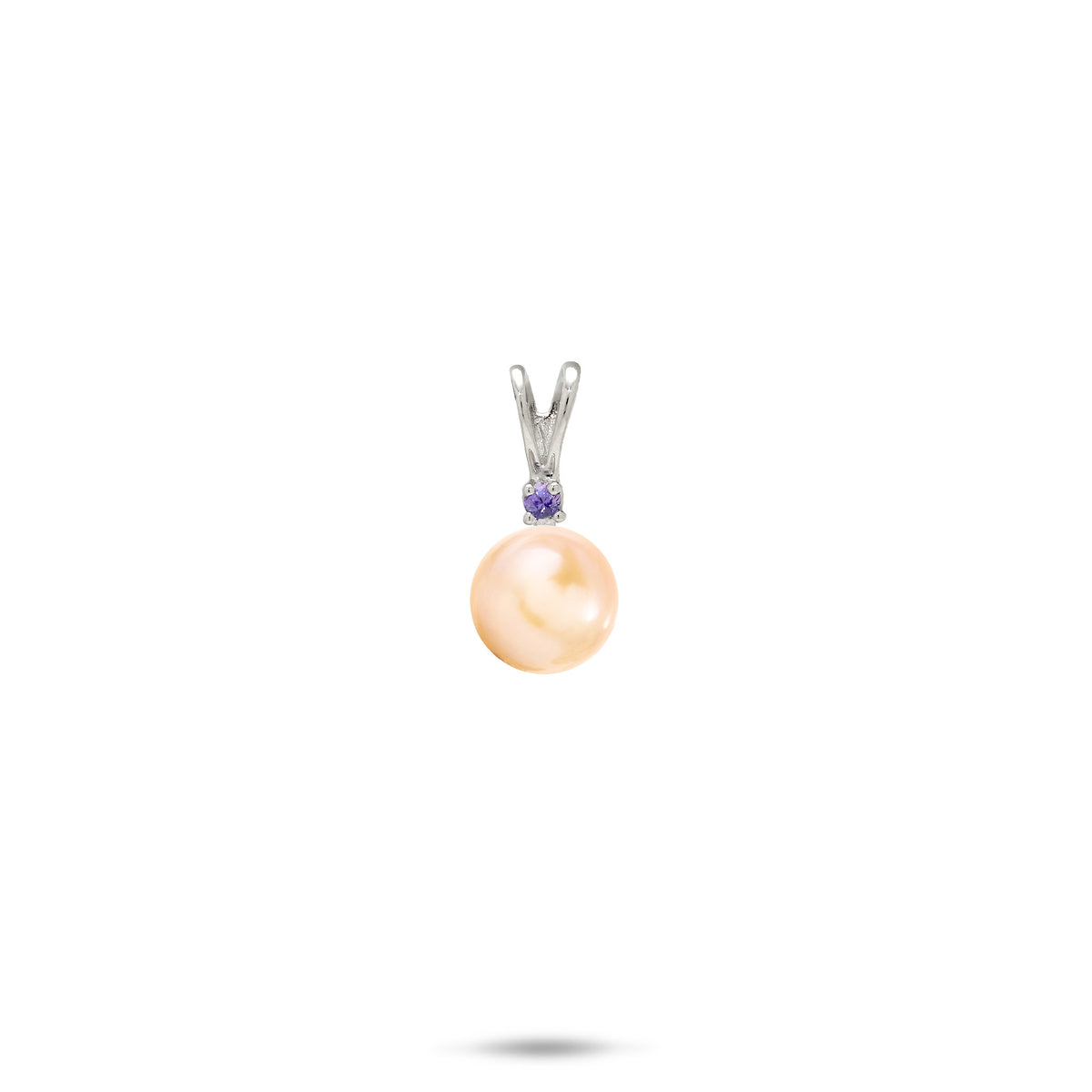 A simple 14k white gold pendant with a V shape bail with a small tanzanite stone and peach freshwater pearl, shown on a white background