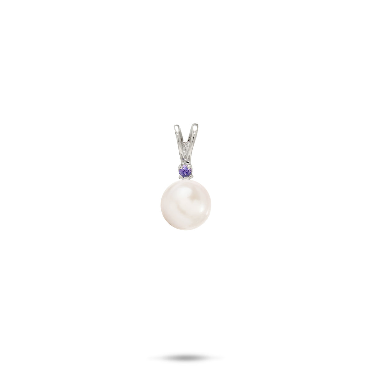 A simple 14k white gold pendant with a V shape bail with a small tanzanite stone and white freshwater pearl, shown on a white background