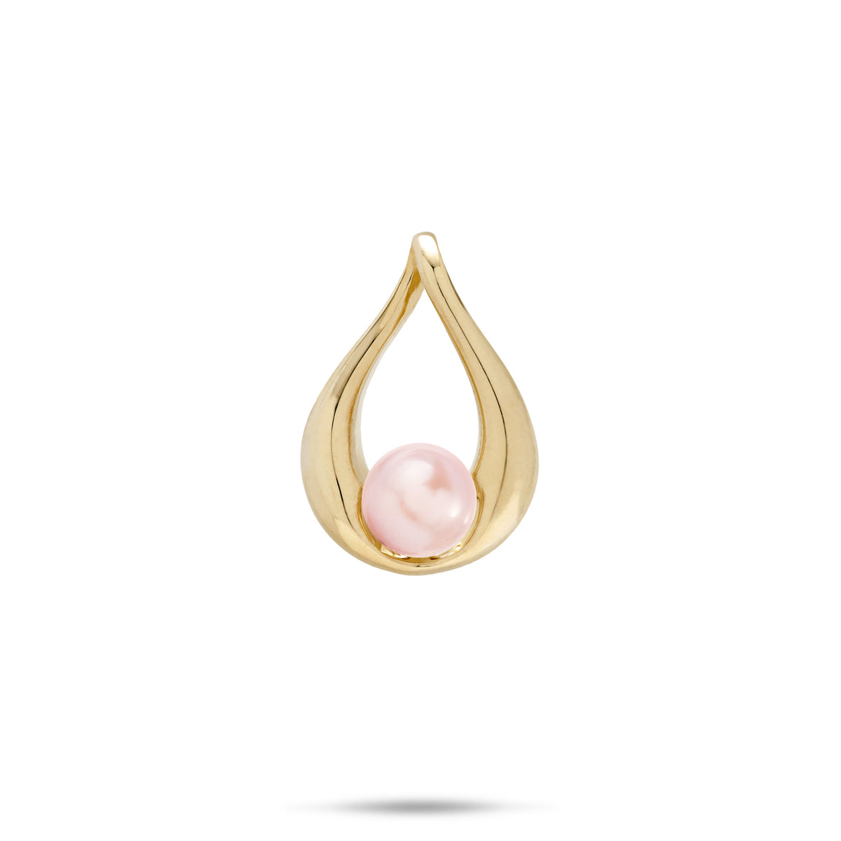 A 14k yellow gold teardrop pendant with pink freshwater pearl at the bottom, shown on a white background