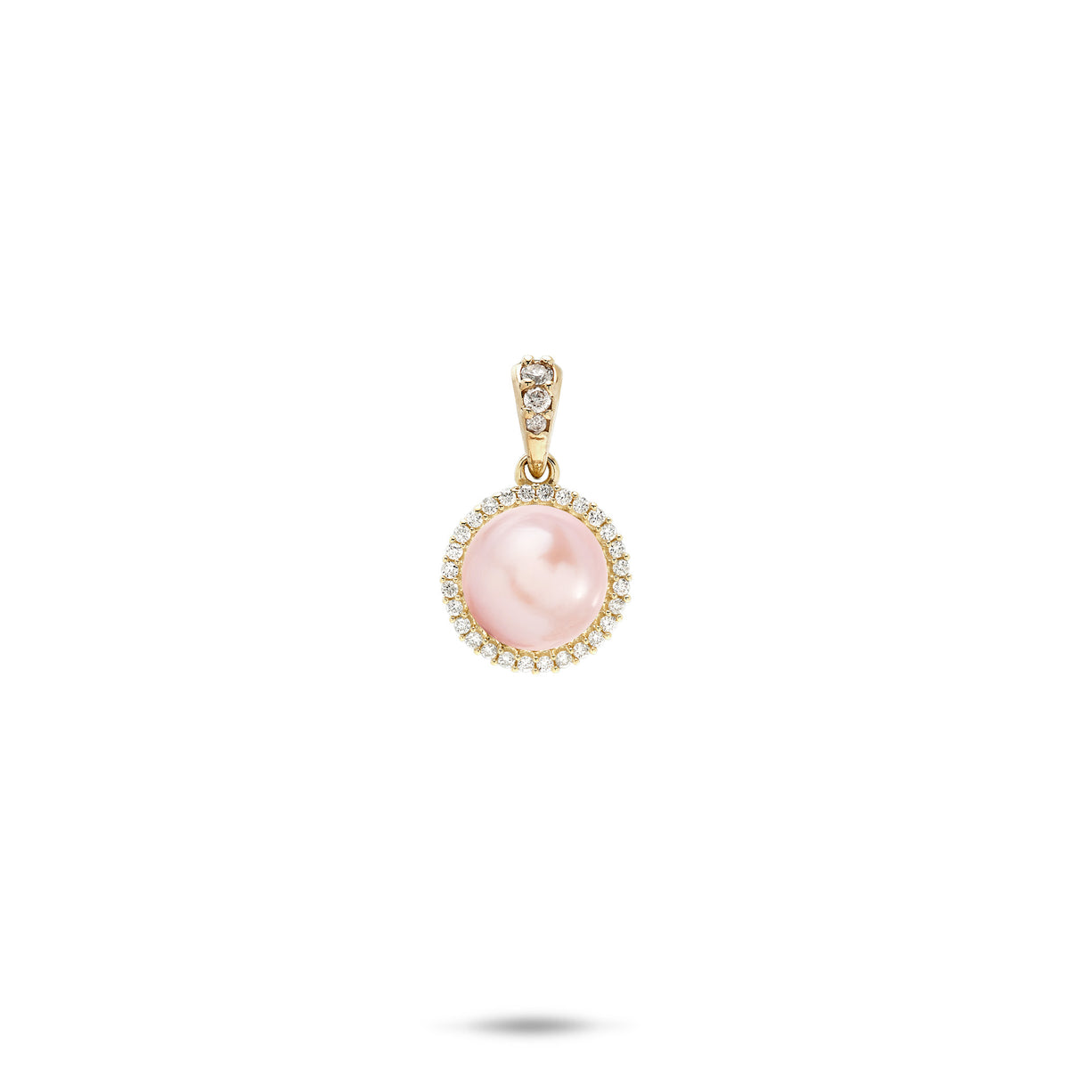 A 14k yellow gold diamond halo pendant with a pink freshwater pearl and diamond high-polish bail, shown on a white background