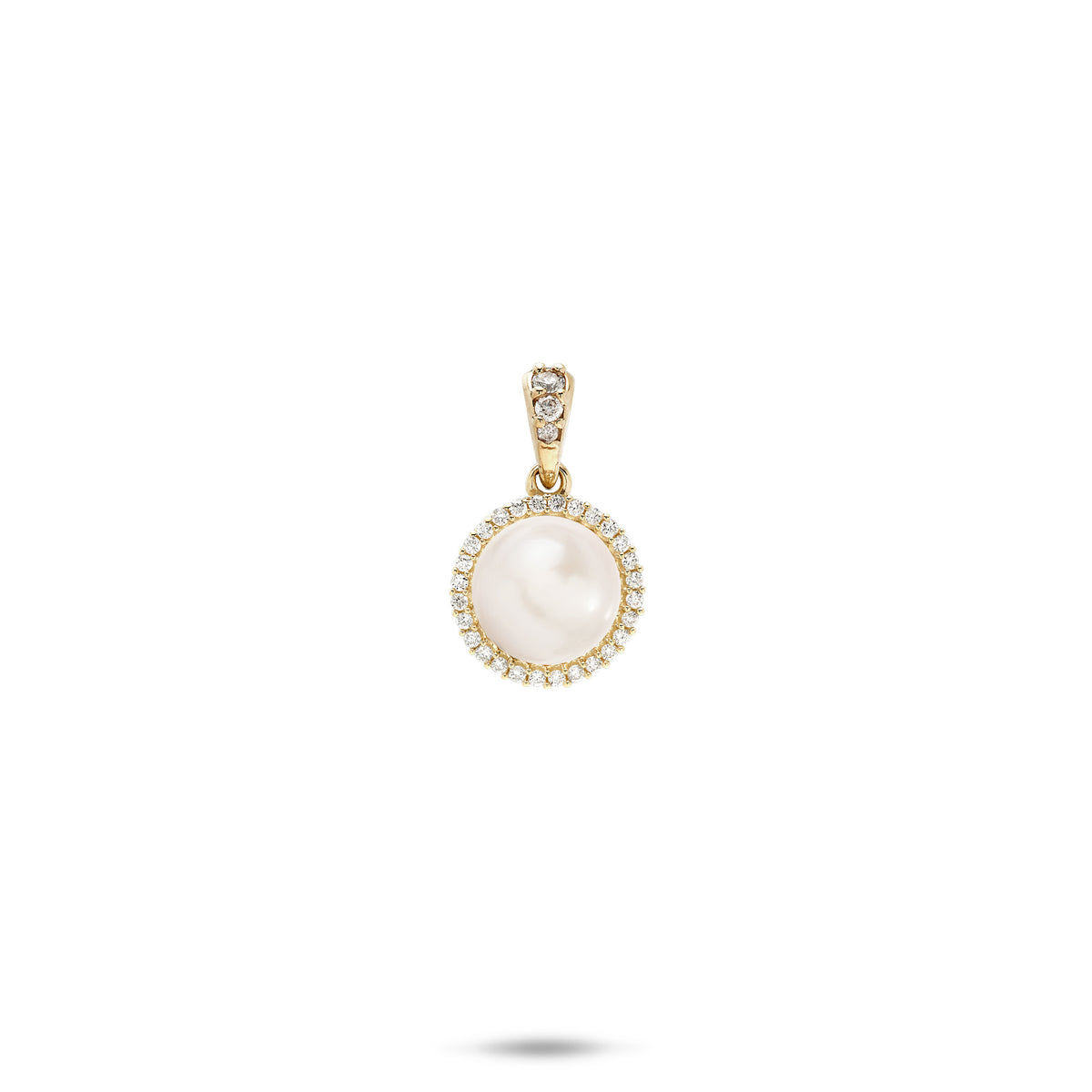 A 14k yellow gold diamond halo pendant with a white freshwater pearl and diamond high-polish bail, shown on a white background