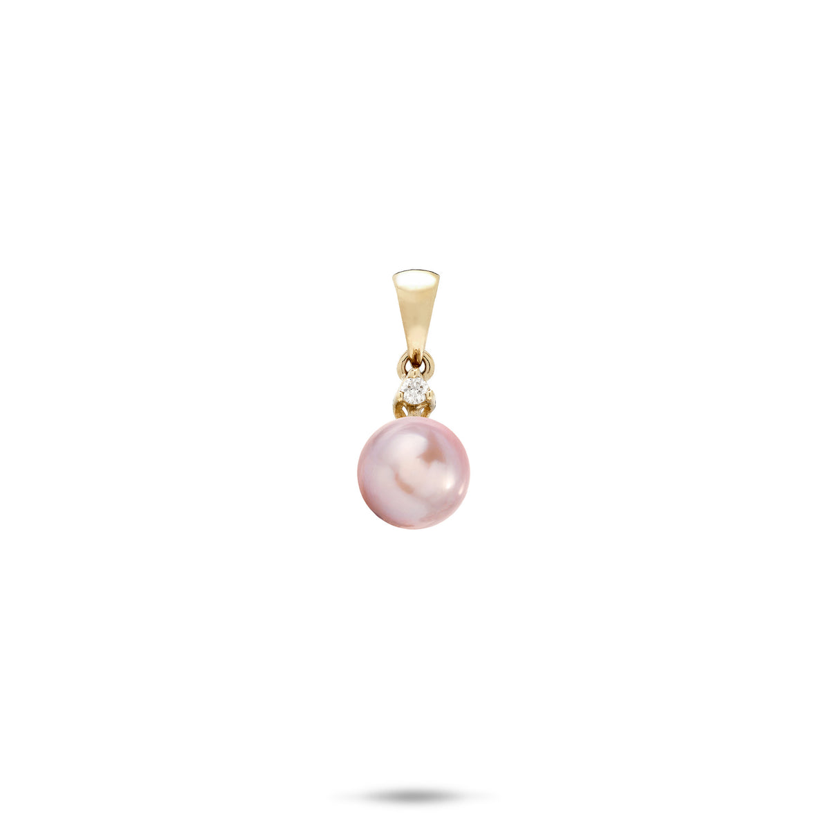 A simple 14k yellow gold pendant with a high-polish bail, dangling single diamond, and a lavender freshwater pearl, shown on a white background