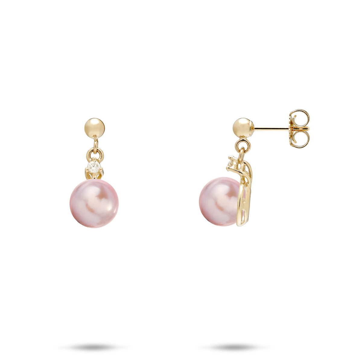 A pair of 14k yellow gold ball-post earrings with a dangling small diamond and lavender freshwater pearl, shown on a white background