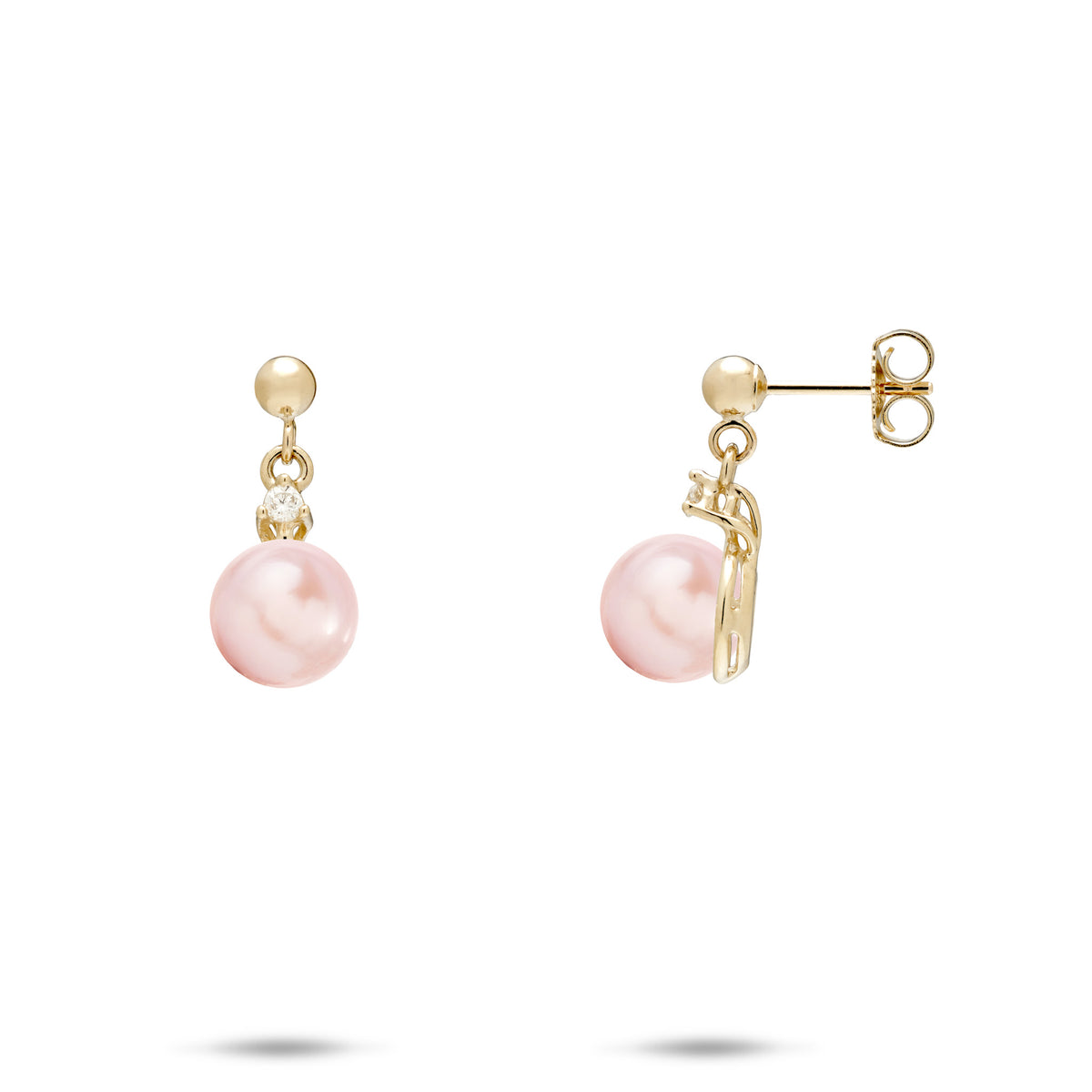 A pair of 14k yellow gold ball-post earrings with a dangling small diamond and pink freshwater pearl, shown on a white background